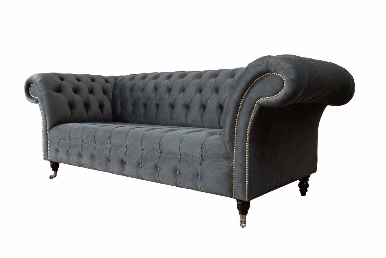 JVmoebel Sofa Englische Chesterfield Made Grau, In Samt Büro Dreisitz 230cm Couch Europe Möbel Sofa