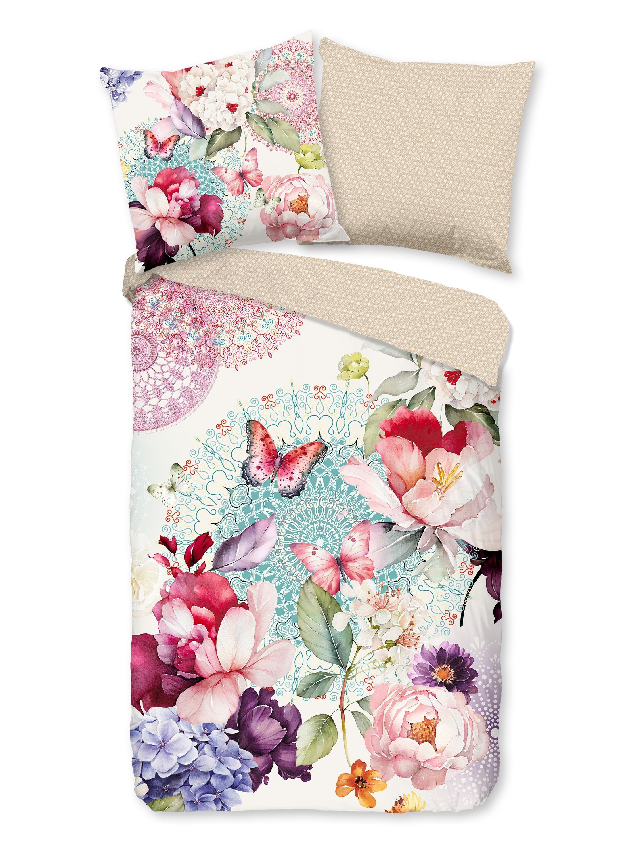 hip Bettwäsche Baumwolle, Renforcé, 2 teilig, Schmetterlinge mit Blumen und Mandala,natur