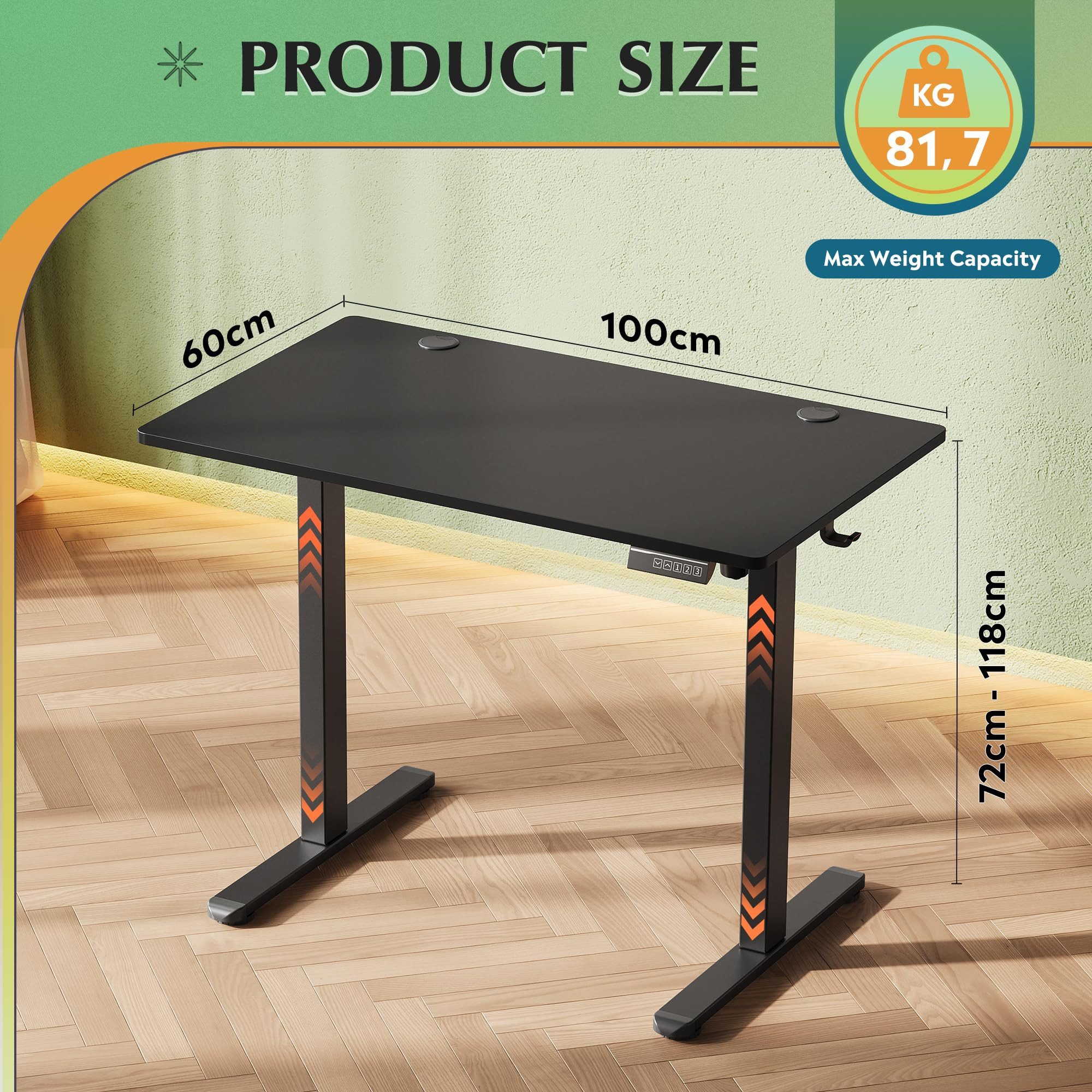 DEVAISE Schreibtisch Höhenverstellbarer Schreibtisch elektrisch 100×60 cm (Höhenverstellung 72–118 cm, Memory-Funktion für 3 Höhen, leise – Bild 3 von 5