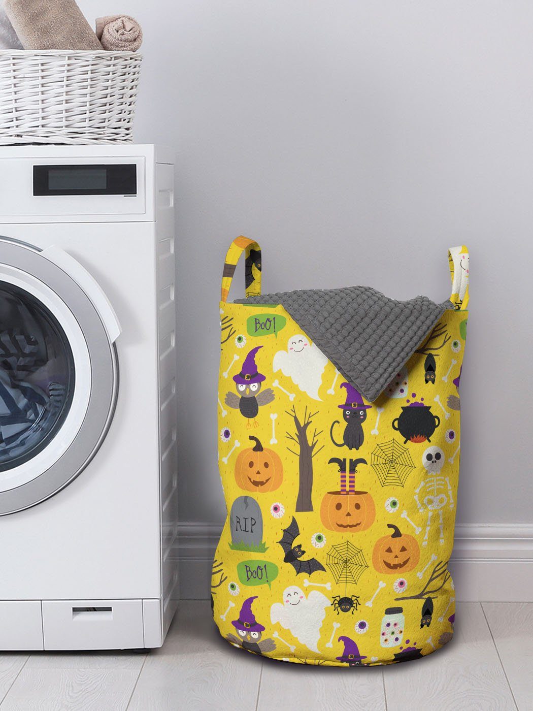 Geist für Abakuhaus Griffen Halloween-Elemente Cartoon Wäschesäckchen Wäschekorb Kordelzugverschluss mit Waschsalons,