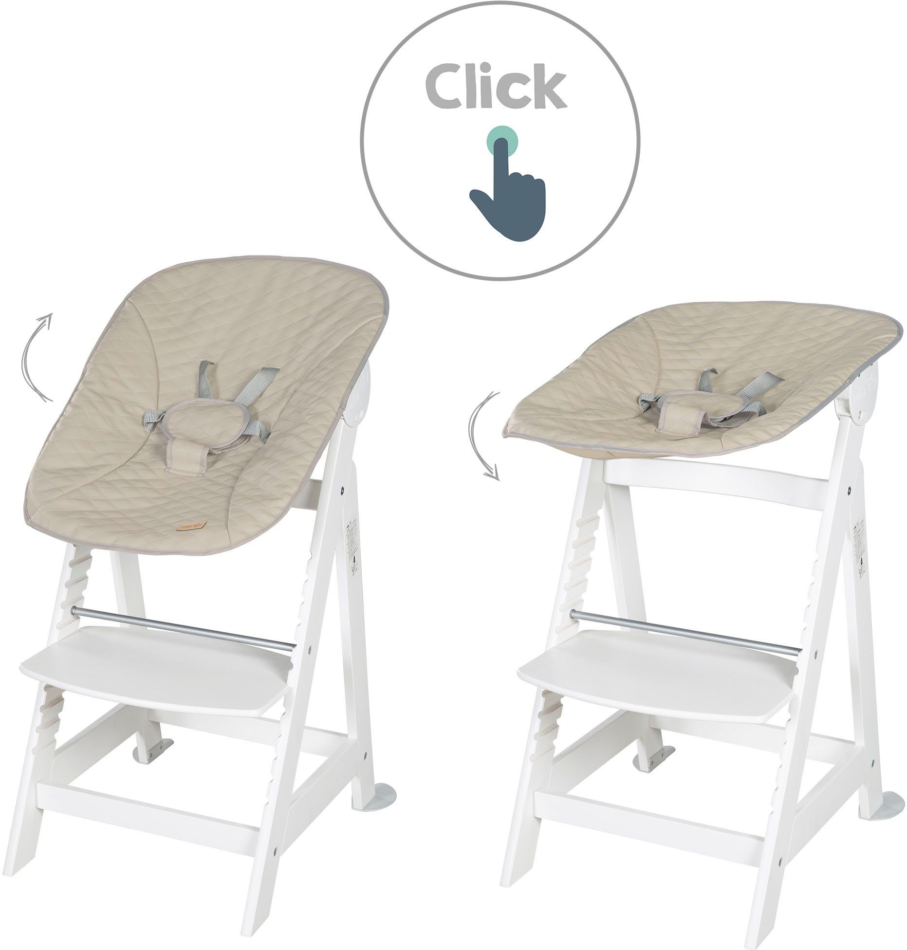 Treppenhochstuhl weiß 2-in-1 Born weiß, roba® Set mit gesteppt, gesteppt Greyish Hochstuhl Up Greyish Neugeborenen-Aufsatz,