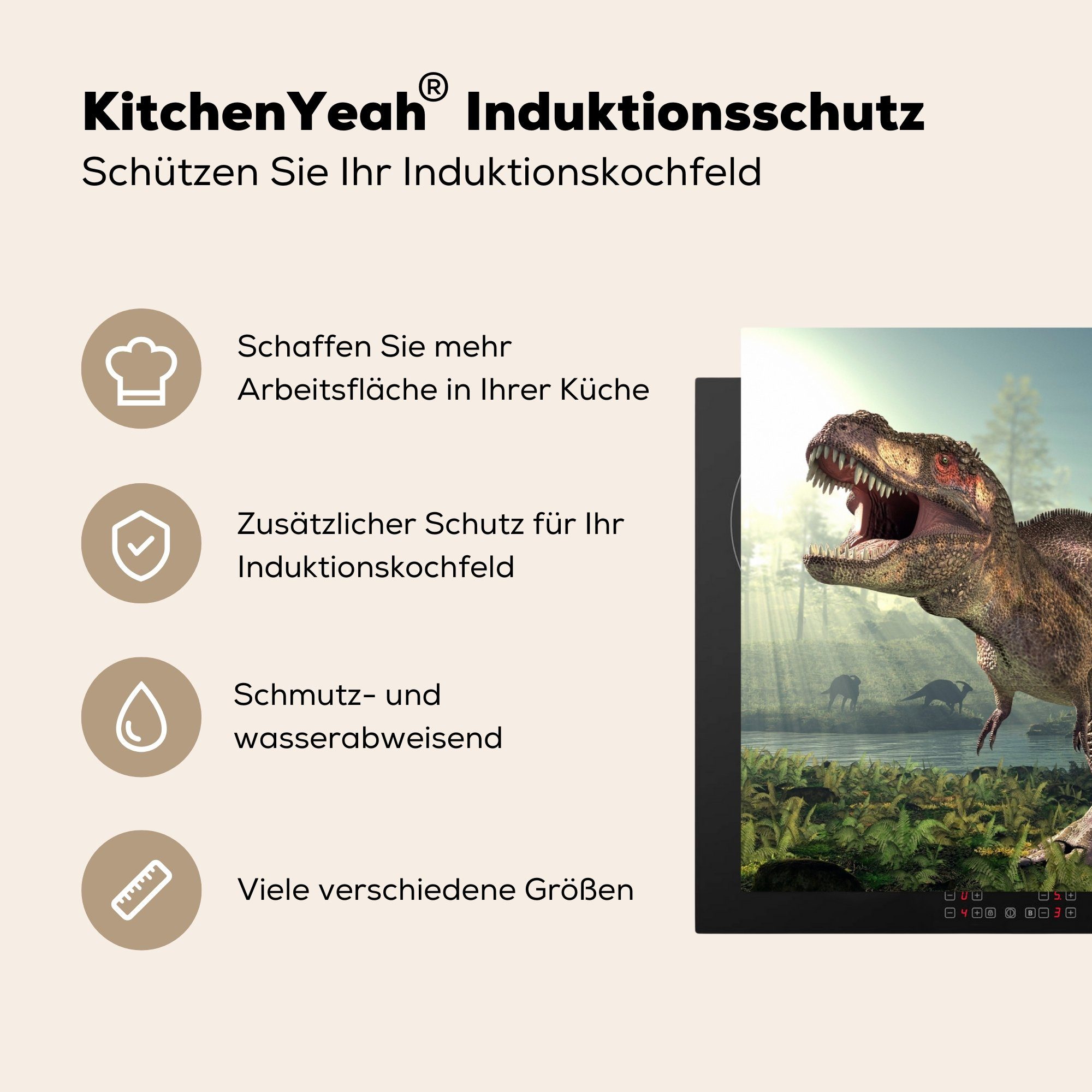 tlg), für (1 Herdblende-/Abdeckplatte Ceranfeldabdeckung - Dino Gras - Jungen, 81x52 Schutz Induktionskochfeld cm, die Zeichnung Vinyl, küche, Kinder MuchoWow - -