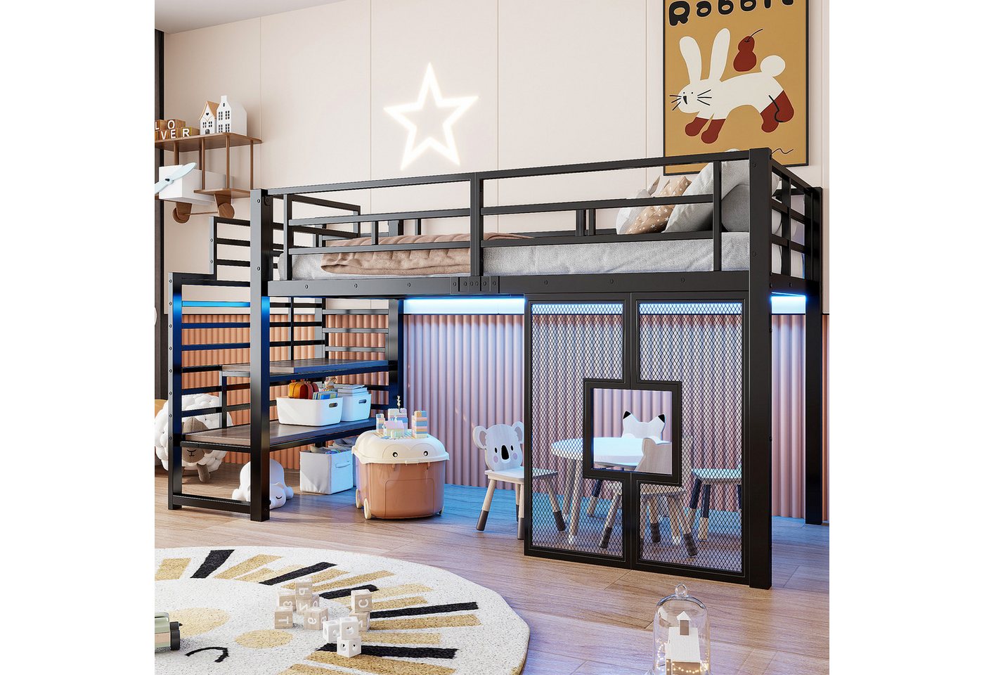 Flieks Hochbett Metallbett Kinderbett 90x200cm mit LED-Beleuchtung, eingebauter Treppe