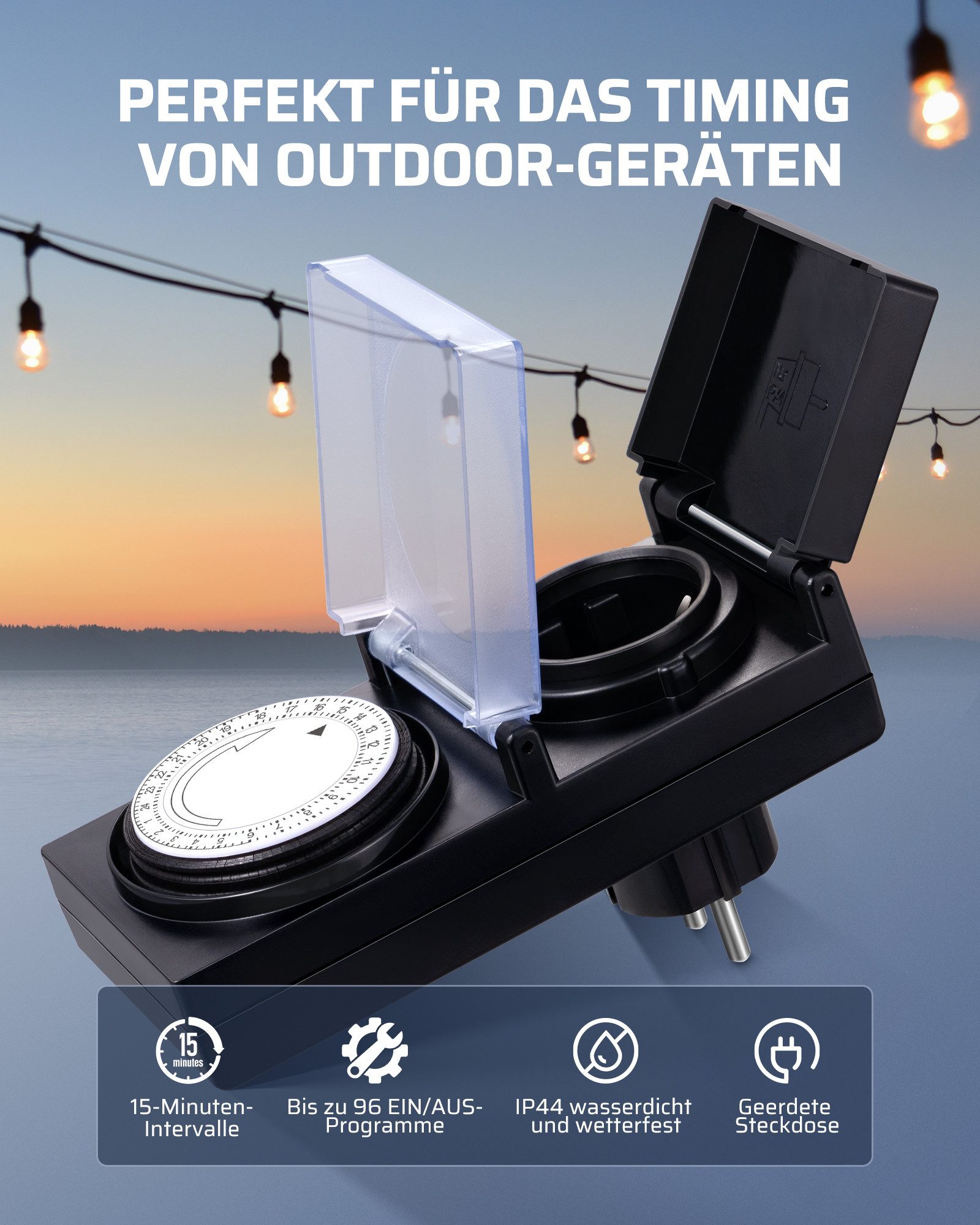 DEWENWILS Zeitschaltuhr Aussenbereich, mechanisch, 2er Set, 15 Min. Intervall, Outdoor Timer