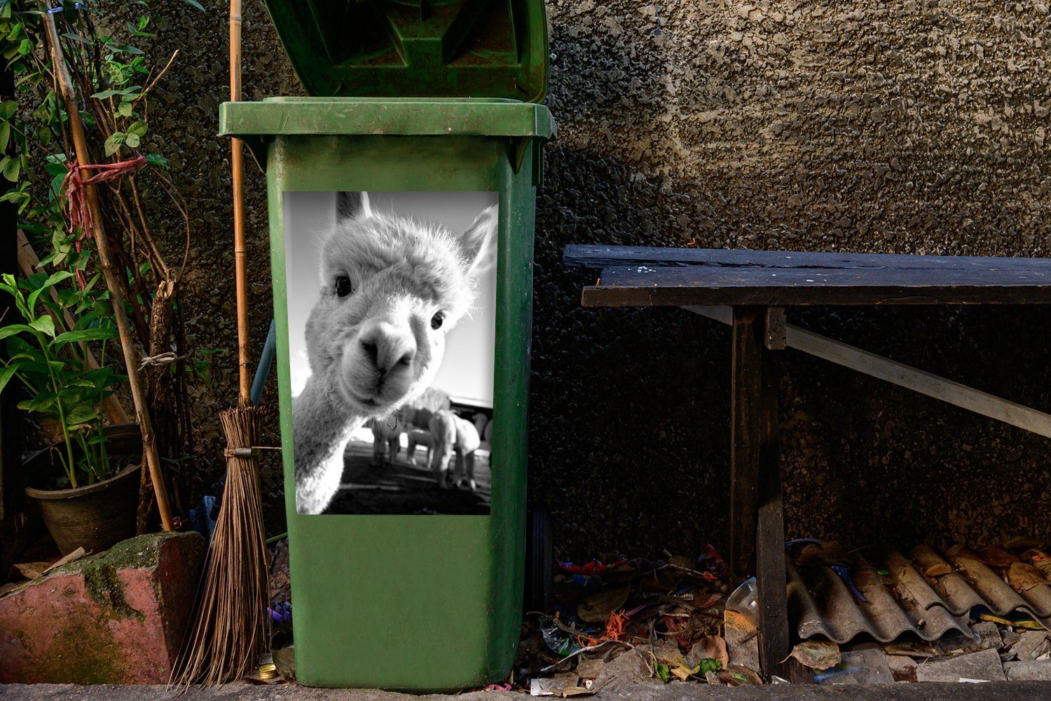 MuchoWow Wandsticker weiß die (1 Mülltonne, - schwarz Sticker, St), und Mülleimer-aufkleber, Abfalbehälter Container, Baby Alpaka in schaut Kamera