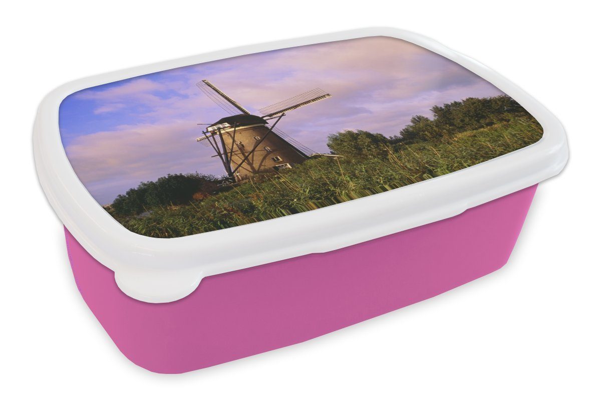 MuchoWow Lunchbox Mühle für rosa Wolken in Kinderdijk, Kunststoff, (2-tlg), Brotbox für Erwachsene, Brotdose Kinder, Snackbox, Mädchen, Kunststoff