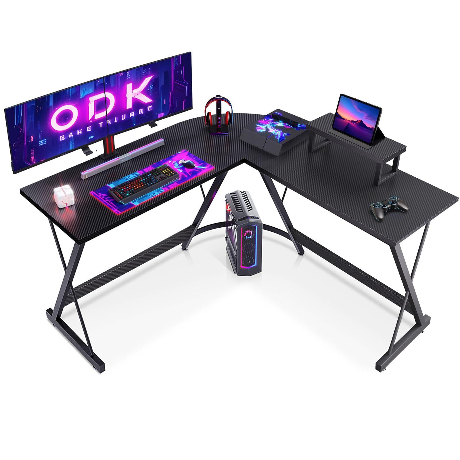ODK Gamingtisch mit Monitor-Ständer & Kopfhörerhaken, L-Form Computertisch, 127cm (1-St), Kohlefaser-Oberfläche Schwarz Schreibtisch