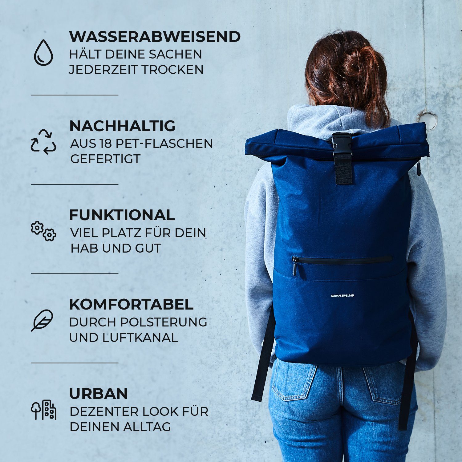 Roll URBAN Uni Top HYBRID ZWEIRAD Blue Freizeitrucksack Rucksack Fahrradrucksack 35l Navy wasserabweisend