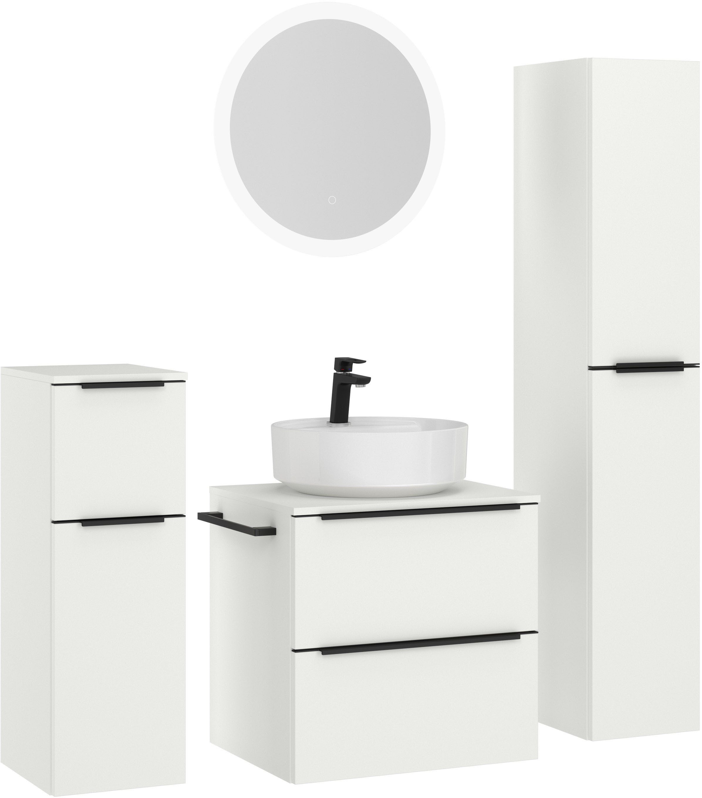 nobilia® Badmöbel-Set Alvene, (4-St., vormontiert, mit Soft-Close), inkl. Spiegel mit Touch-Sensor, in vier Breiten