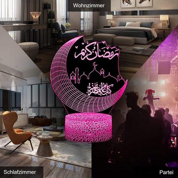 yozhiqu LED Dekolicht Eid Mubarak 3D Night Light - LED Ramadan Decorations, Remote Control, Lebendiger 3D-Effekt, Touch-Schalter und Fernbedienung, sieben Farben