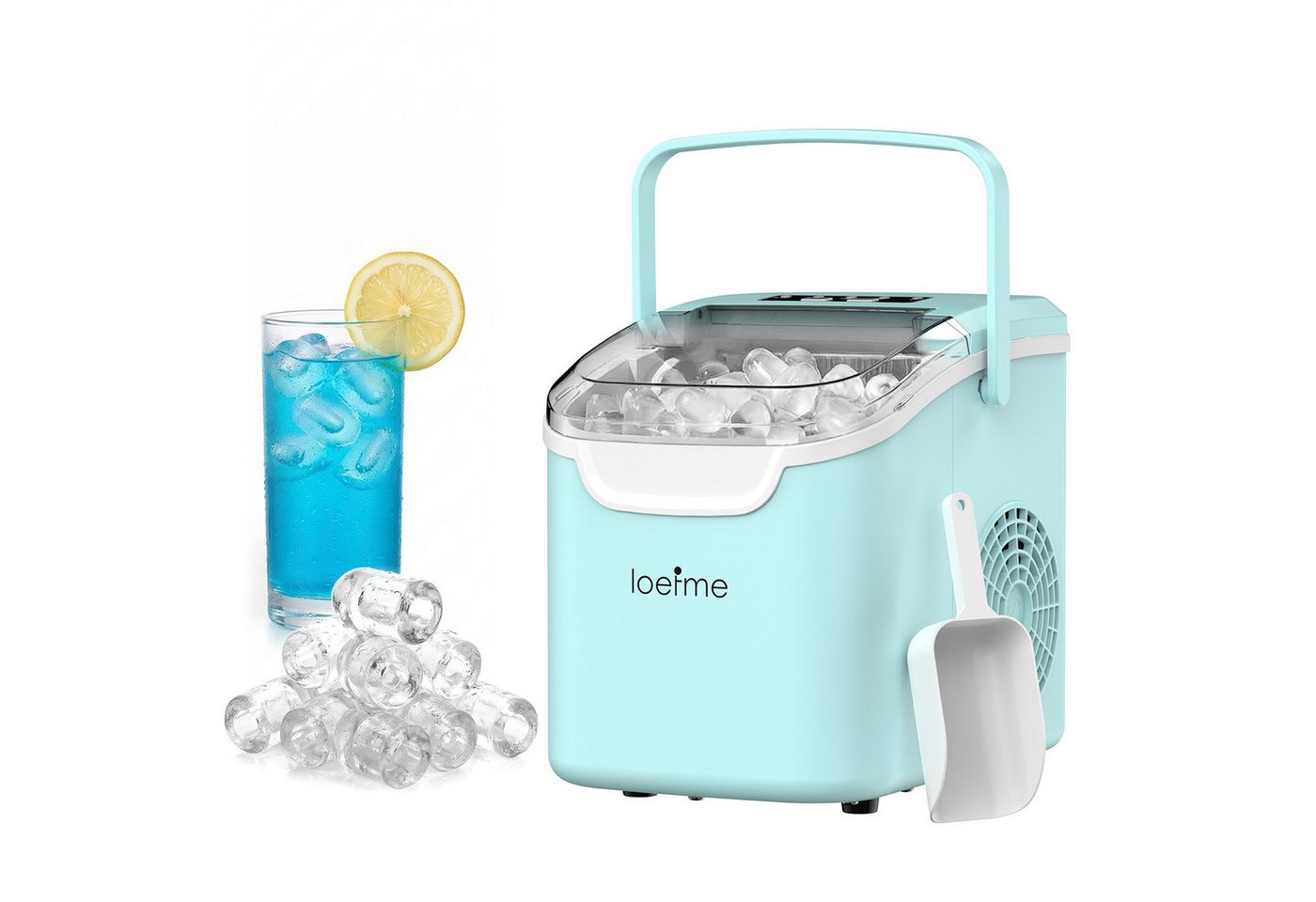 loefme Eiswürfelmaschine Tragbarer Eiswürfelbereiter, 6 Minuten Schnellproduktion, Selbstreinigung, leiser Betrieb, 12KG/24H, für Zuhause Party