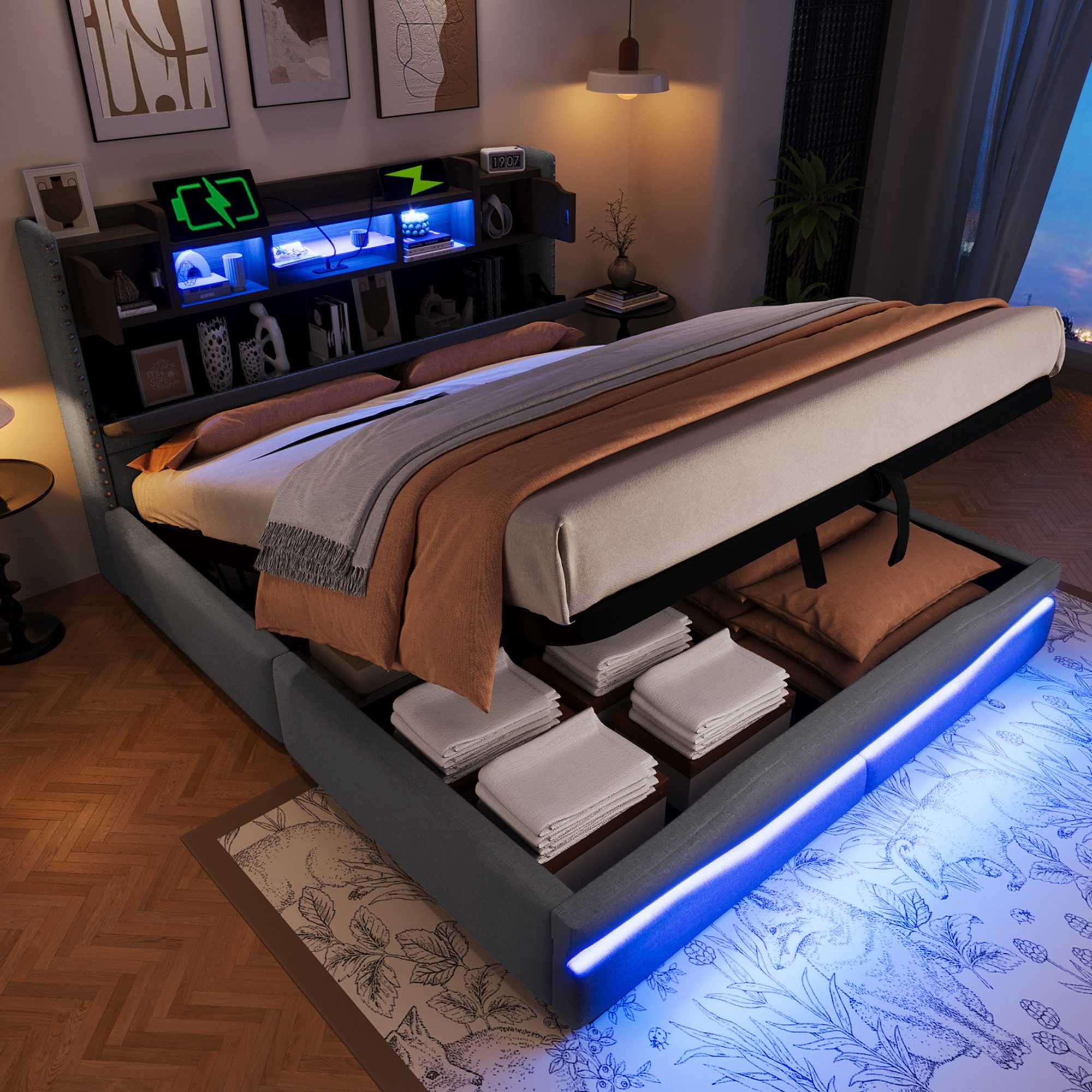 muvano Bett Polsterbett 160x200cm Grau Hydraulisch Stauraumbett mit LED USB