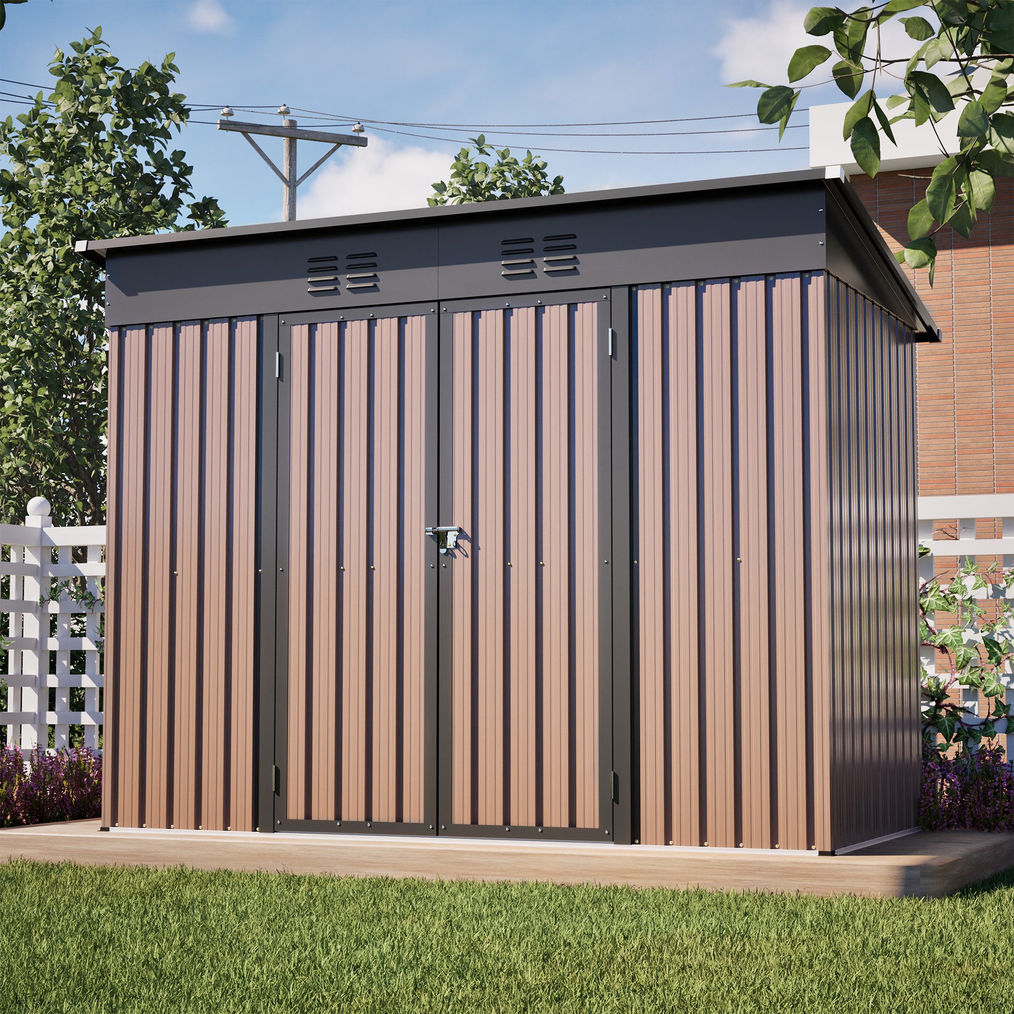 CHICFURN Gerätehaus Pultdach Metall-Gartenhaus mit abschließbarer Tür & 2 Lüftungsgittern, BxT: 242,00x126,00 cm, (Packung, 1 St), Für Terrasse, Hof & Garten, Braun, 8x4 Fuß