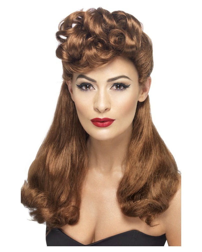 Kostüm-Perücke Braune Rockabilly Langhaar Perücke