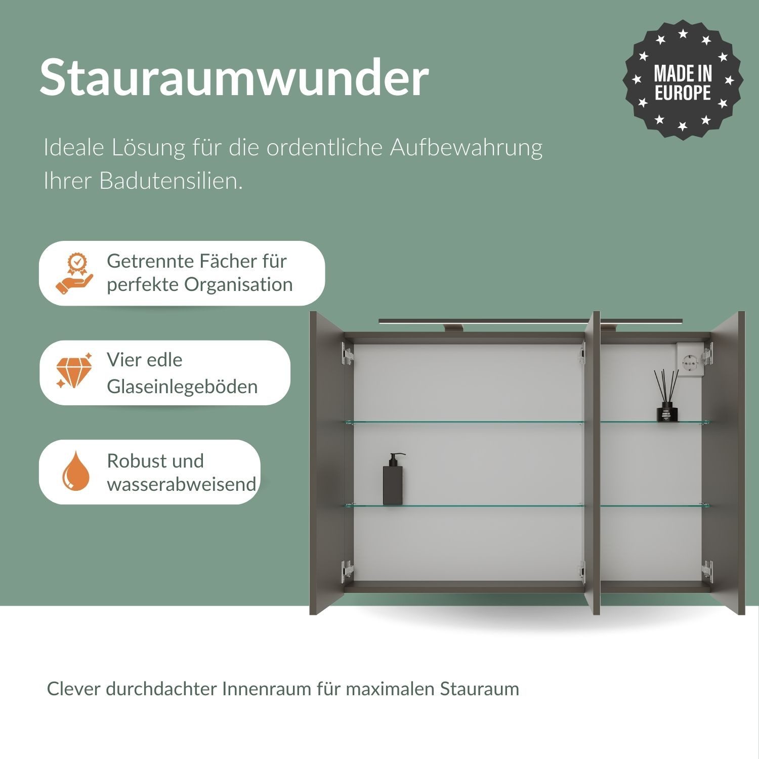 Planetmöbel Spiegelschrank ARIA Badschrank mit Spiegel hängend 100 cm (Spiegelschrank Bad 100 cm mit Beleuchtung und Steckdose, Badspiegelschrank 3-türig) Steckdose für Elektrogeräte