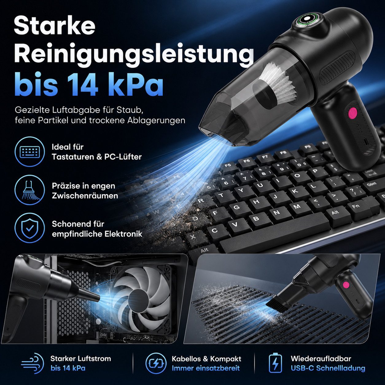 Diyarts Akku-Handstaubsauger, beutellos, LED-Anzeige, 300-ml-Staubbehälter, USB-C und 5 Aufsätze