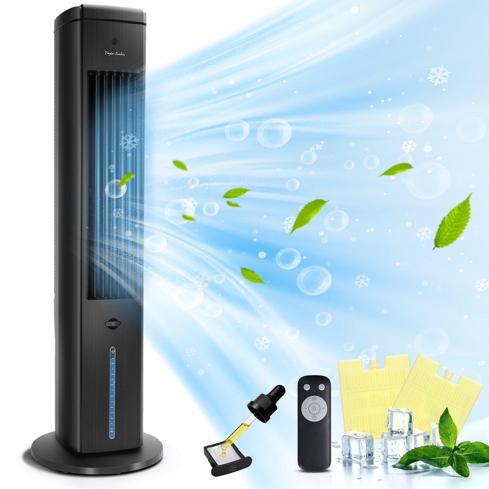 Taylor Swoden Turmventilator Ventilator mit Wasserkühlung leise, Ion-Technologie & Aromadiffuser, 5L Wassertank, 75° Oszillation, 3 Geschwindigkeiten/Modi, 7h Timer