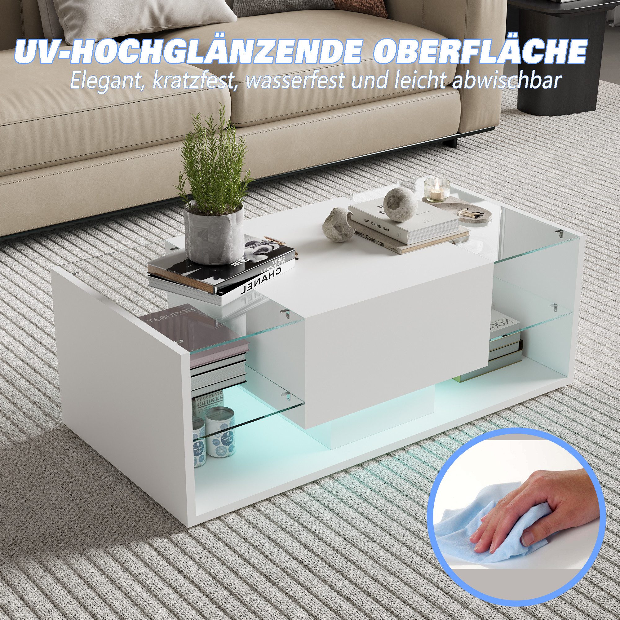 Furnishings Home Couchtisch Schreibtisch Beistelltisch LED (Hochglänzender quadratischer, 100 x 50 x 35 cm), Mit Vier Fächer und 16-farbigen variablen LED-Beleu – Bild 4 von 5