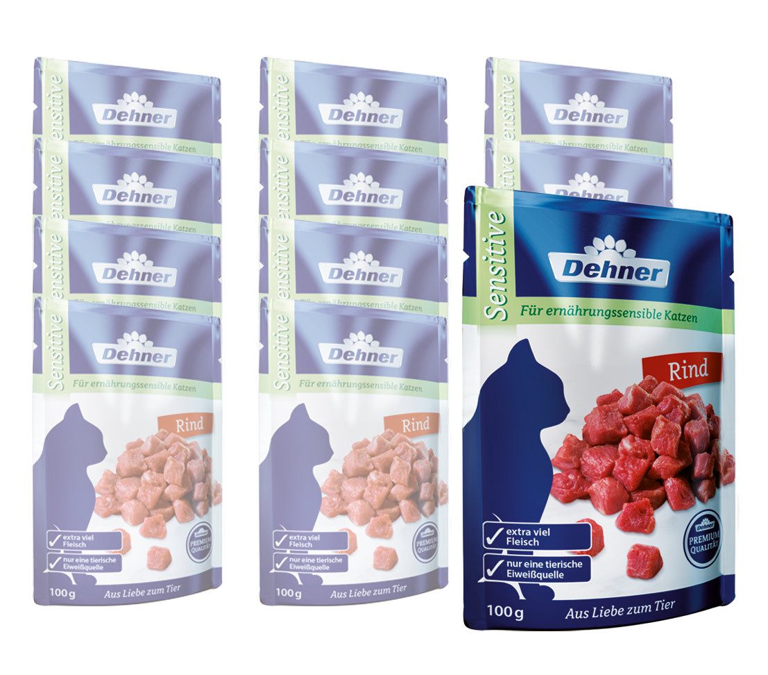Dehner Premium Adult, Sensitive, versch. Sorten, 12 x 100 g Beutel Rind, Nassfutter für: Katze, Nassfutter für ausgewachsene, sensible Katzen