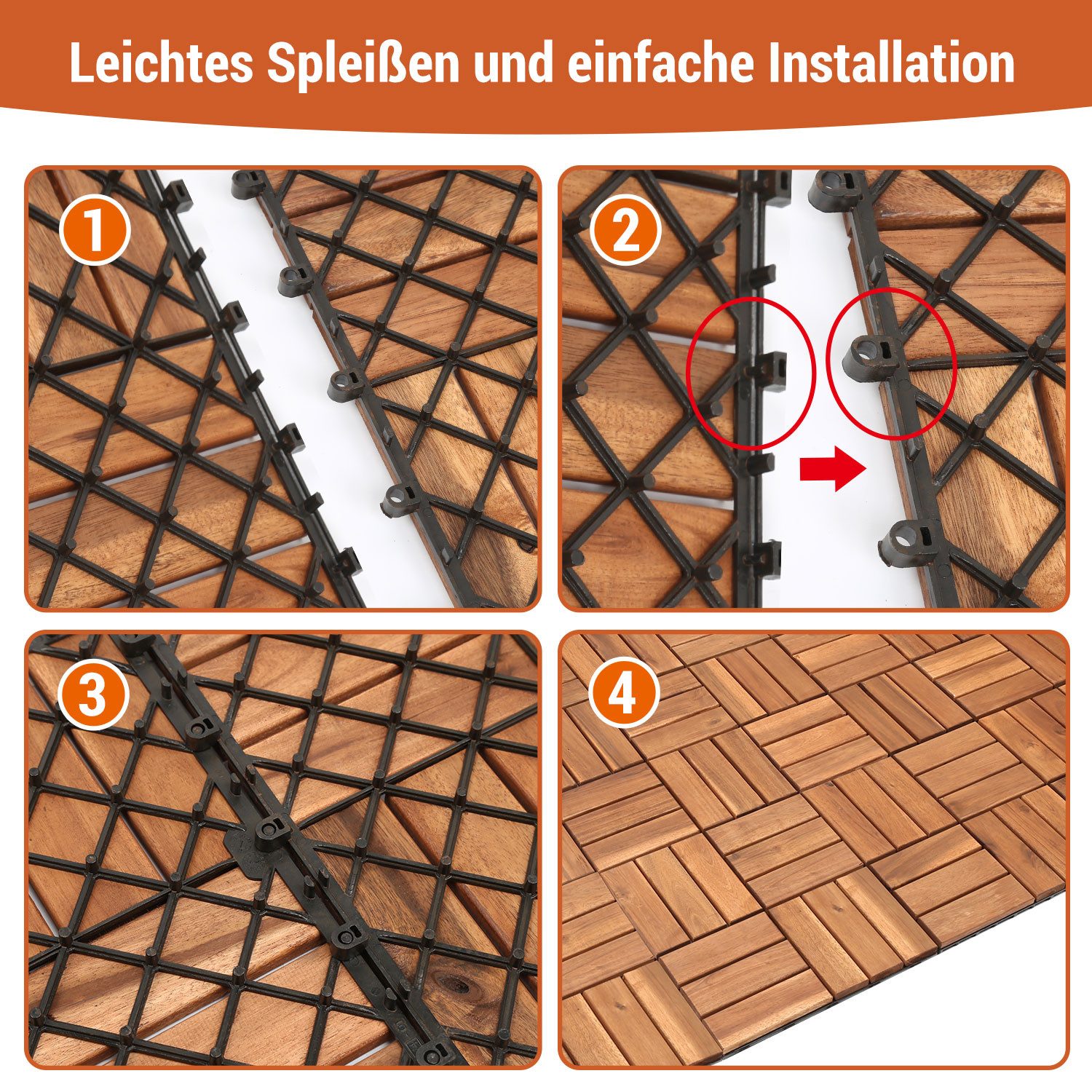 Clanmacy Holzfliesen 1-10 Terrassenfliesen, 11-110 Stück, Akazien-Holz Balkonplatten - 1, 11er Set, 11 St., 30x30cm = 1qm pro Fliese, rutschfest, Stecksystem, l – Bild 3 von 5
