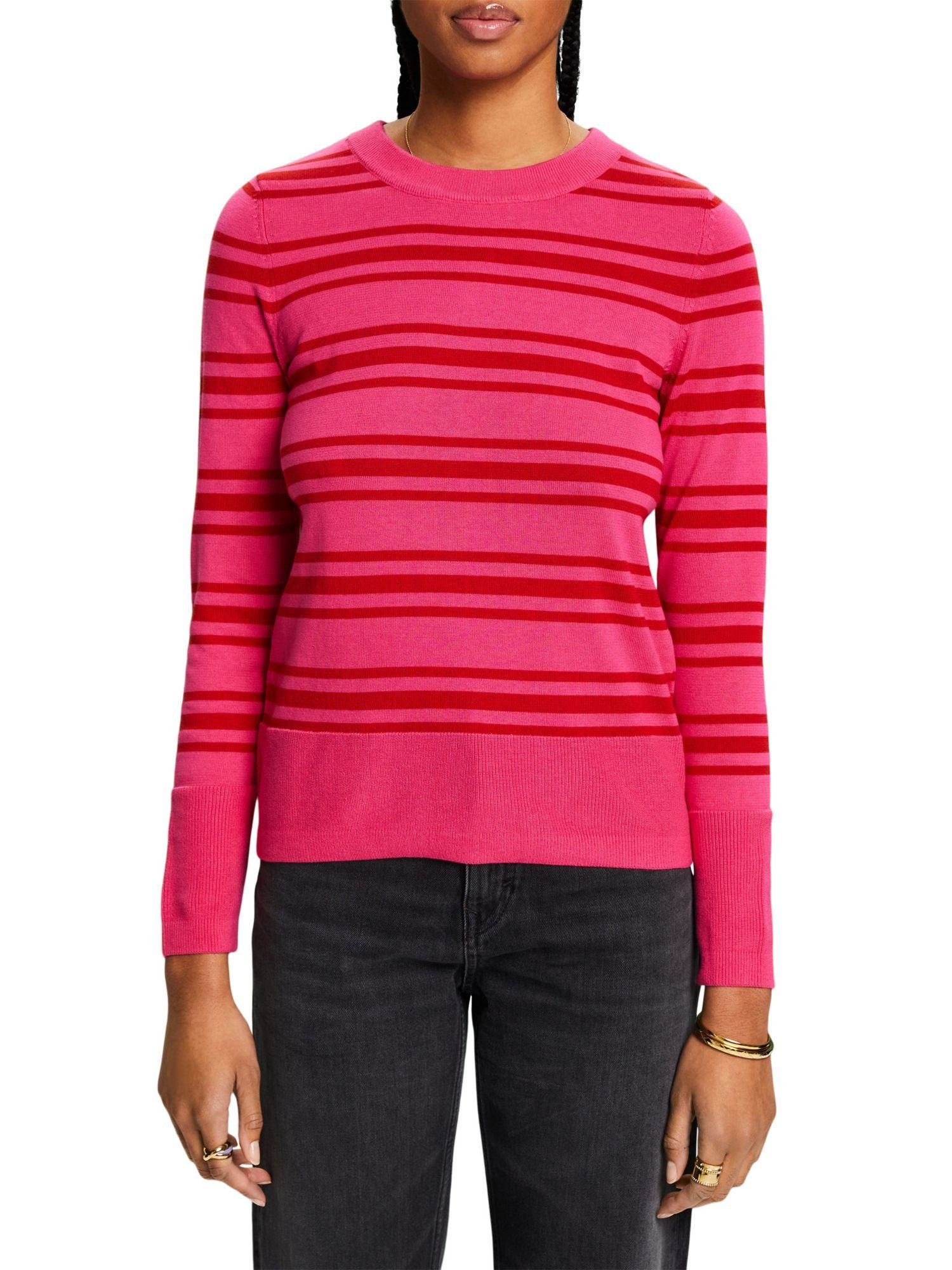 mit PINK Esprit Sweatshirt Sweatshirt Rundhalsausschnitt FUCHSIA (1-tlg) Gestreiftes