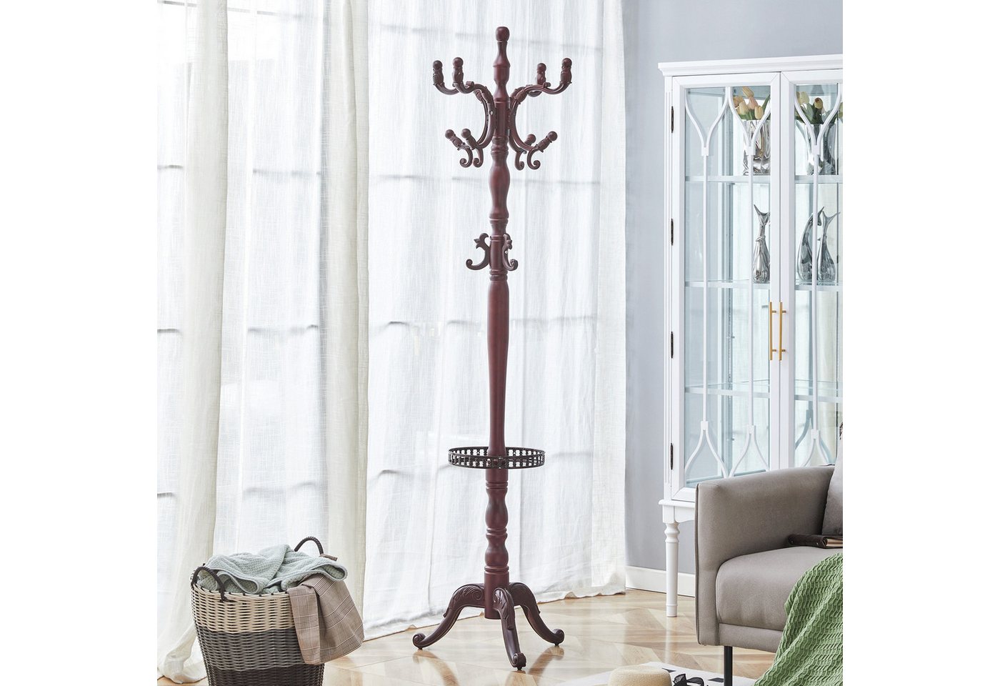 JUFU Garderobenständer aus massivem Buchenholz im klassischen Stil, 195 cm hoch, (1 St), mit Metallablage, abgerundeten Haken & stabilem Dreibein