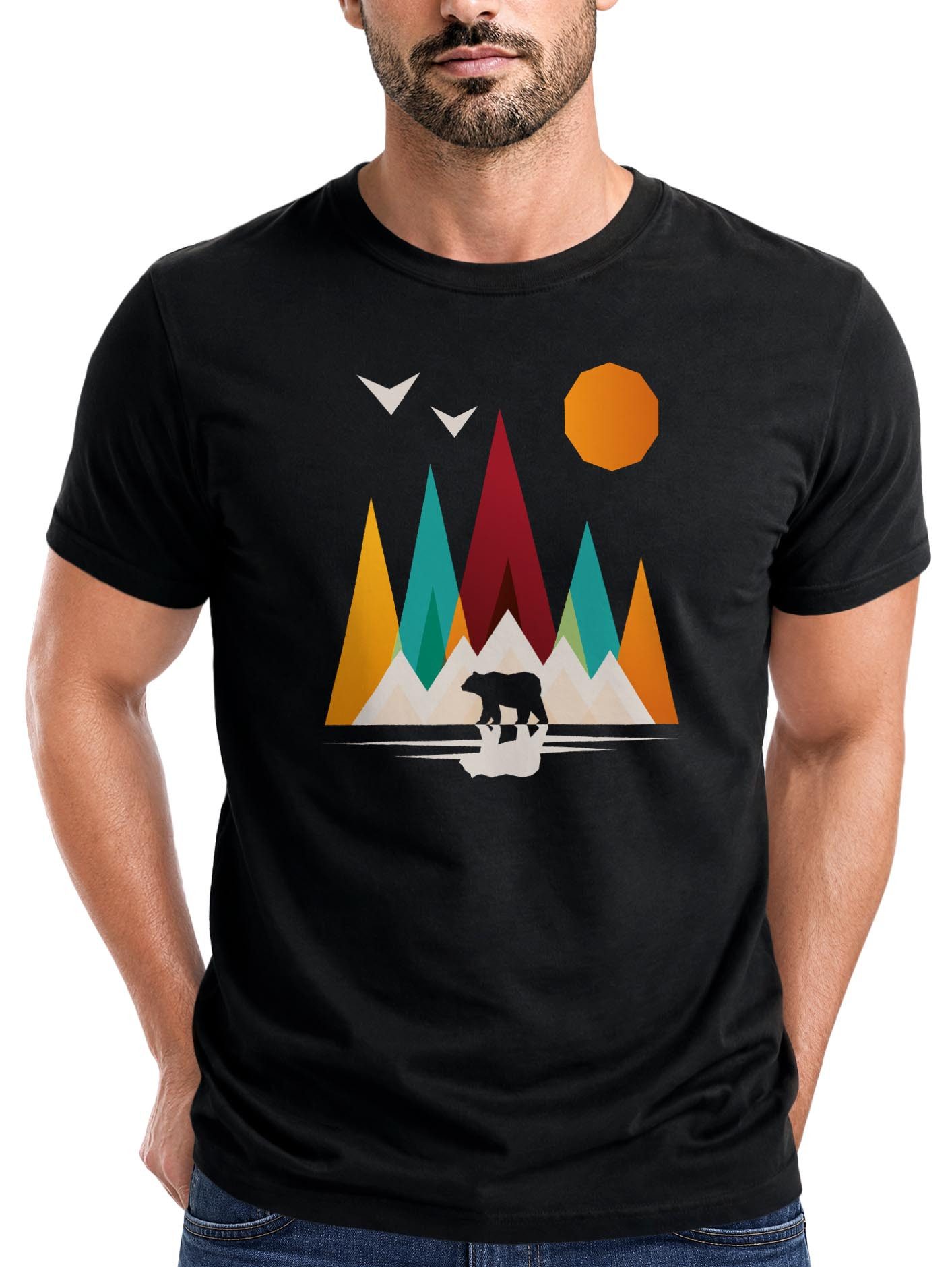 Print-Shirt Herren T-Shirt Berge Bär Natur Polygon Outdoor Printshirt Aufdruck