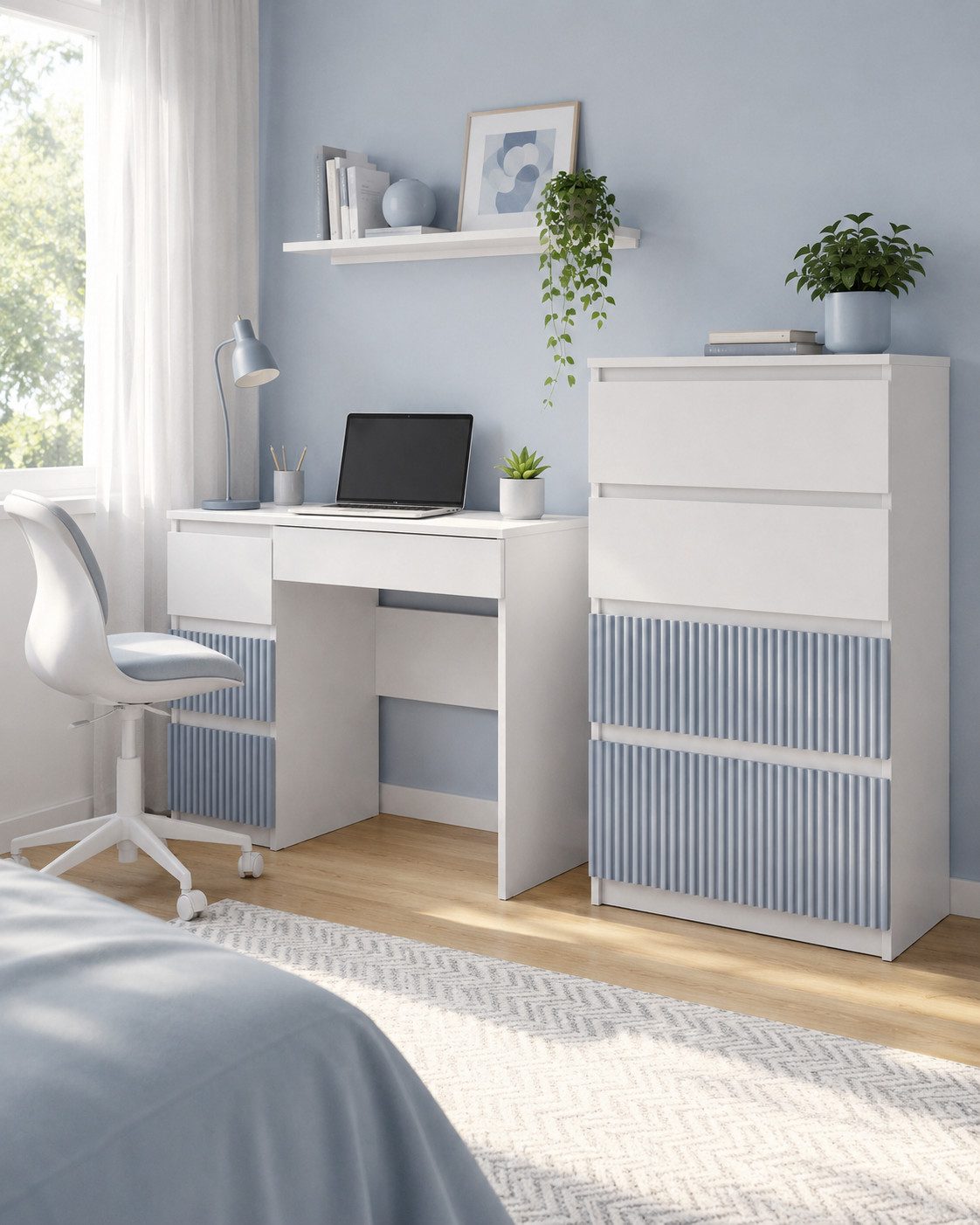 ibonto Jugendzimmer-Set Schreibtisch mit Kommode Weiß Blau 8 Schubladen Stauraum
