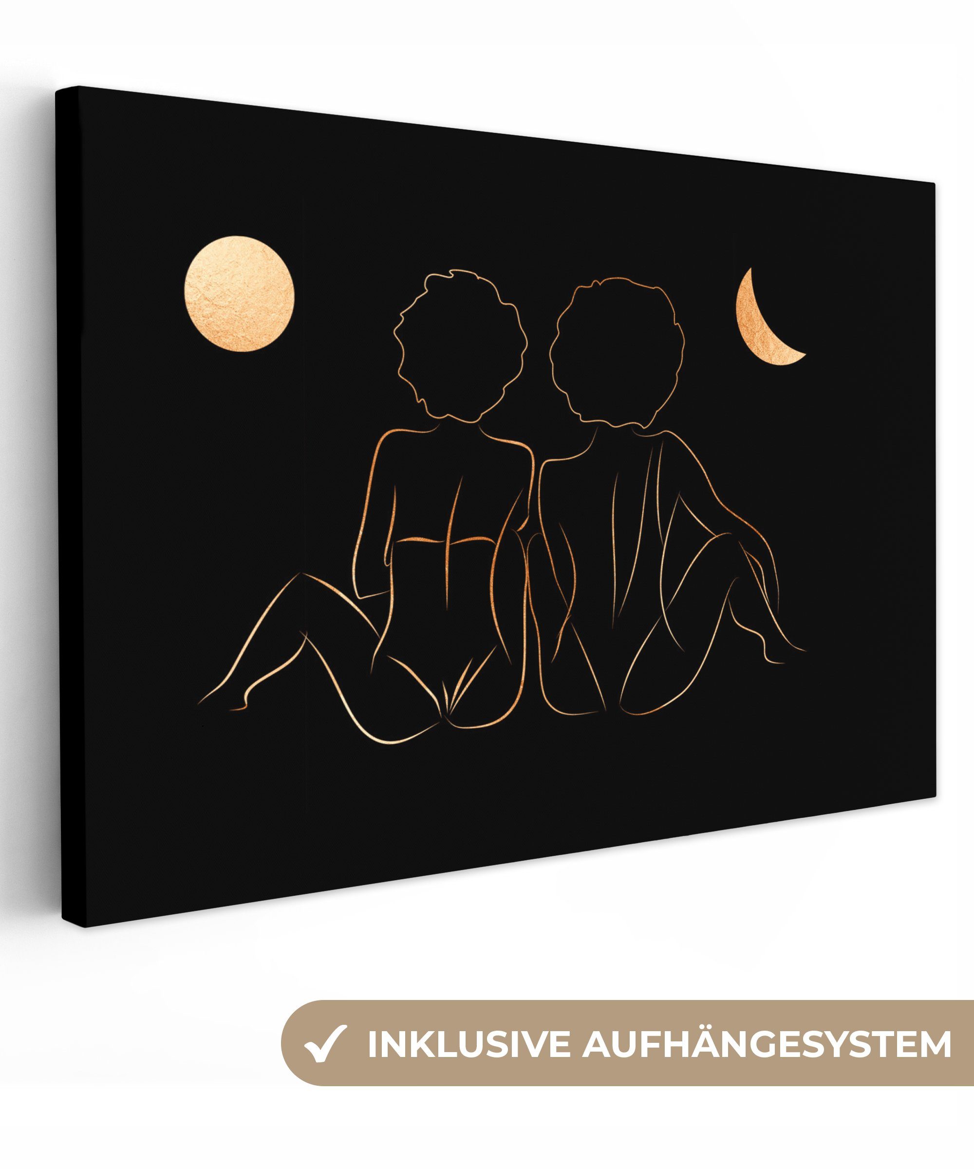 OneMillionCanvasses® Leinwandbild Frauen - Mond - Gold - Strichzeichnung, (1 St), Wandbild Leinwandbilder, Aufhängefertig, Wanddeko, 30x20 cm | Leinwandbilder