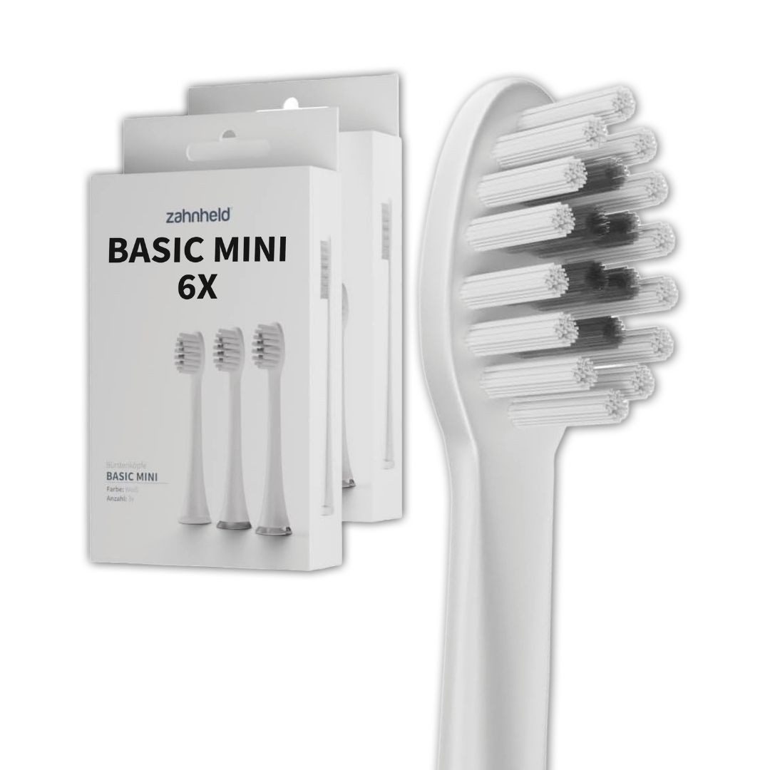 Zahnheld Aufsteckbürsten Basic Mini für Schallzahnbürste Gero, kleine Wechselköpfe, im 3er, 6er oder 9er Set, Zahnpflege Set, schmale Wechselköpfe, plastikfrei verpackt, 6 Stück, weiß