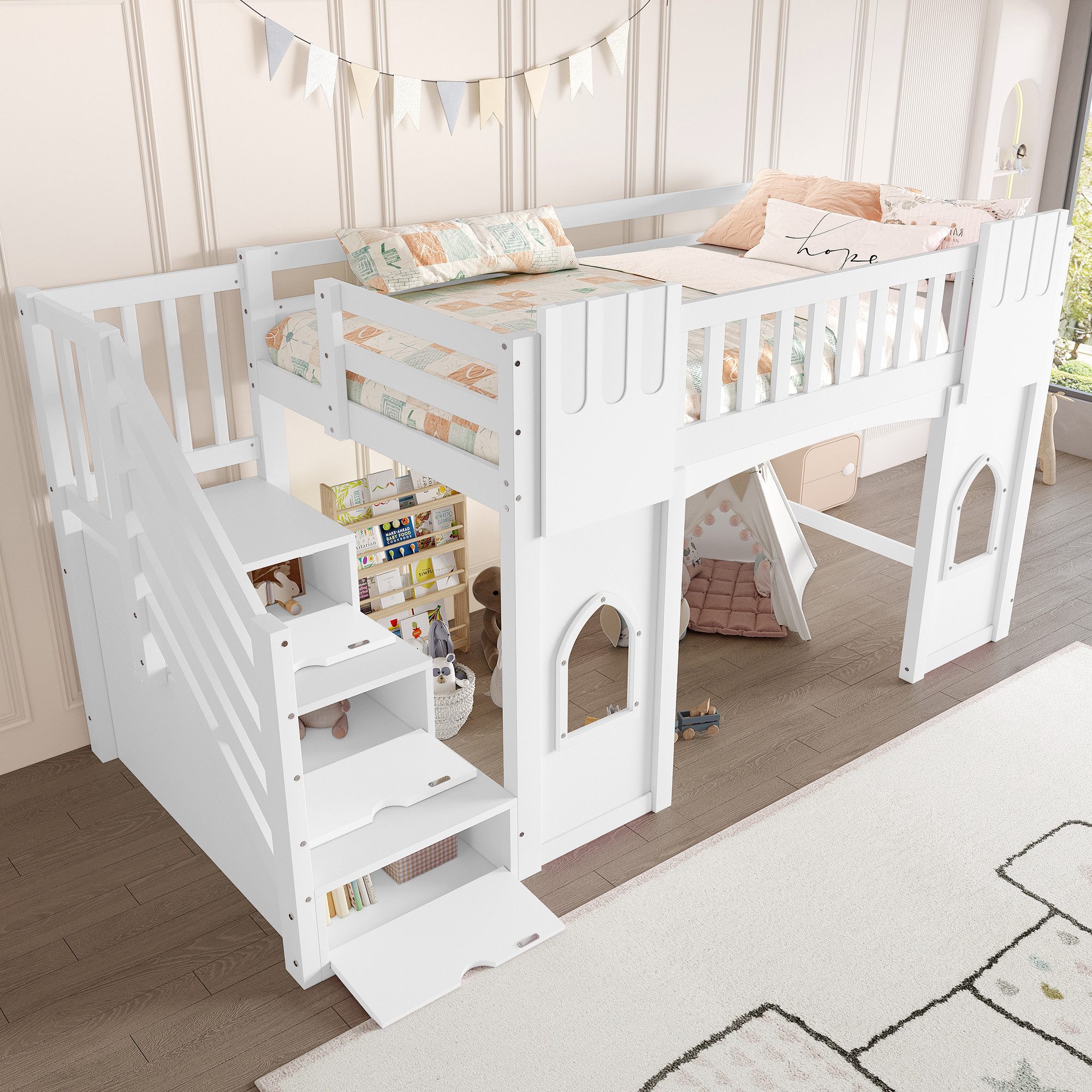Merax Hochbett (Jugendbett Einzelbett, 1-St., Hausbett) Massivholz Kinderbett 90x200cm mit Stauraumtreppe Fenstern & Geländer