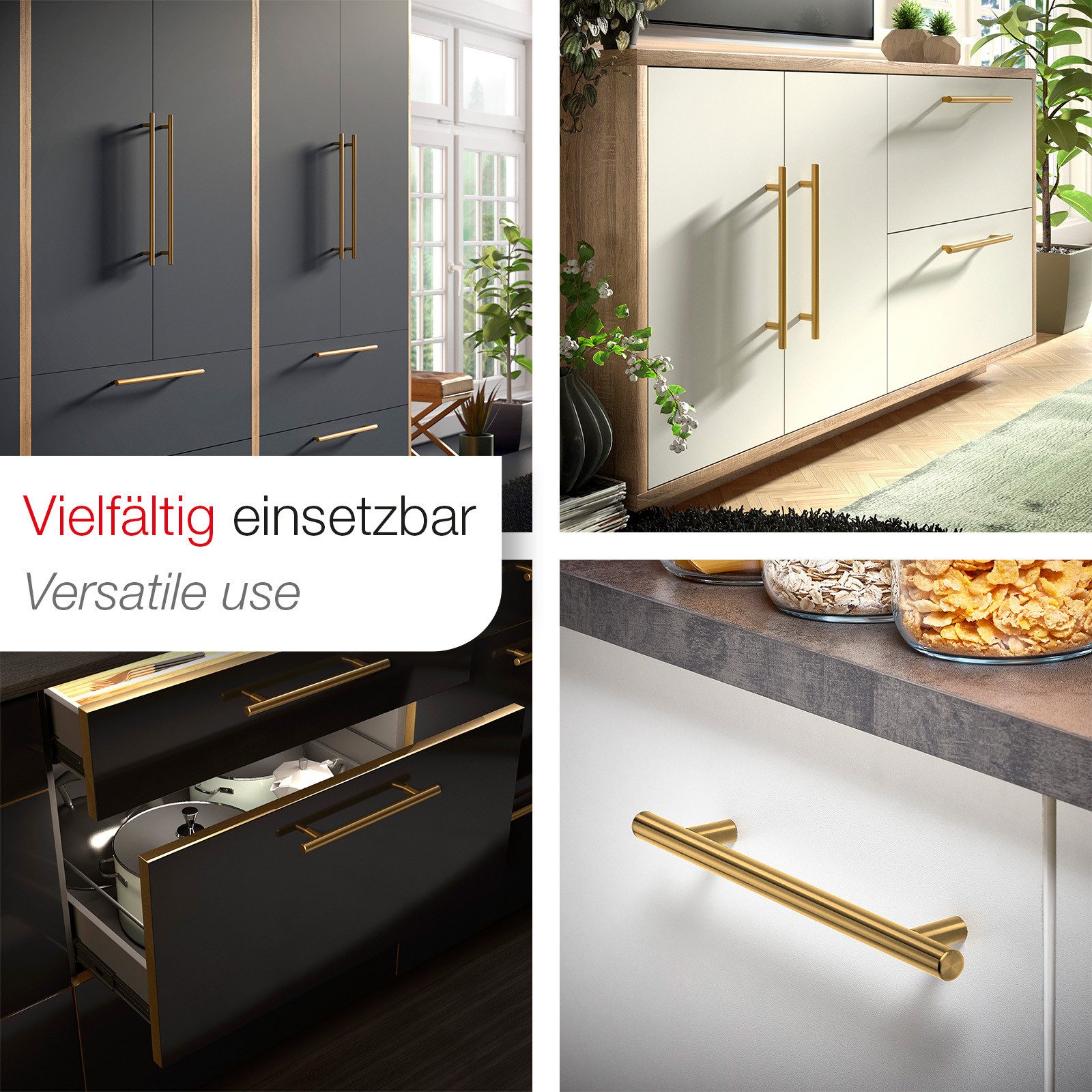 SO-TECH® Möbelgriff Stangengriff G17 echt Edelstahlrohr Ø 12 mm inkl. Schrauben (1-St), Goldfarbig galvanisiert, Bohrlochabstand 64 mm, Schrankgriff – Bild 4 von 5