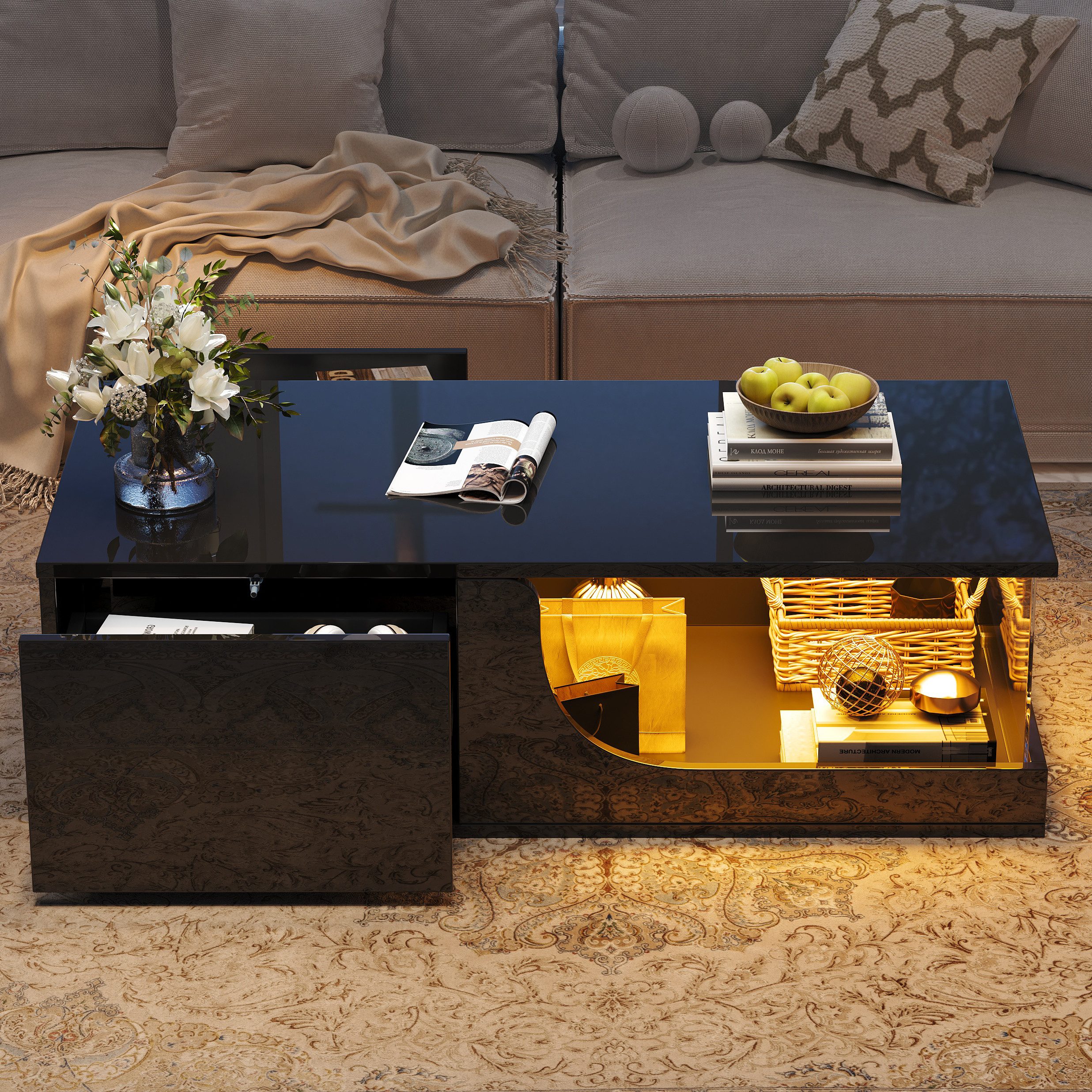 Merax Couchtisch Sofatisch Beistelltisch mit LED-Beleuchtung (1-St., 100*50*30 cm), Wohnzimmertisch mit 2 Schubladen,Hochglanz-Oberfläche, gehärtetem Glas