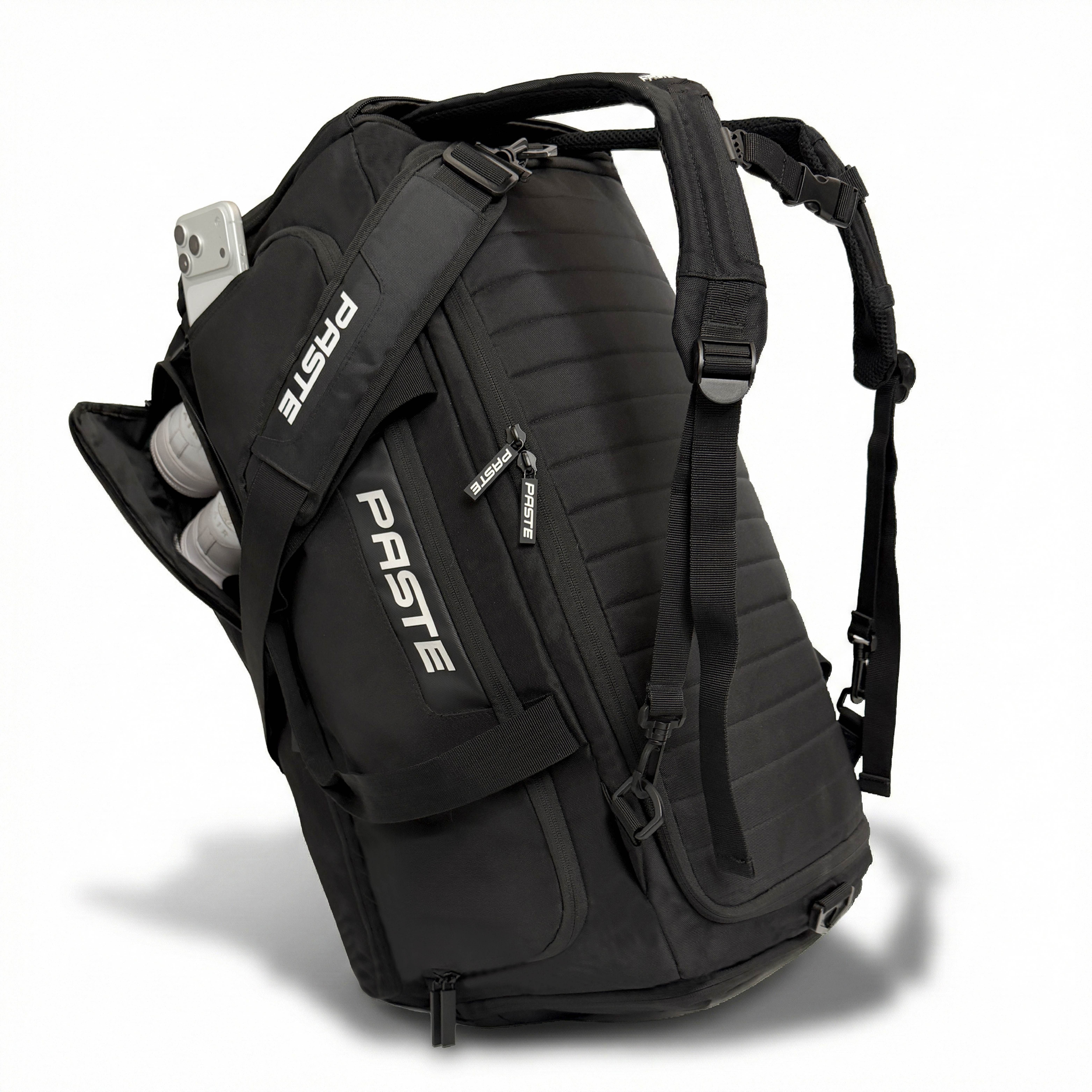 PASTE® Sporttasche & Fitness Tasche XL 63L Schuhfach, Rucksackfunktion & Kühlfach Fußball (ALL IN PRO, in Schwarz), Trainingstasche & Fußballtasche für Damen & Herren