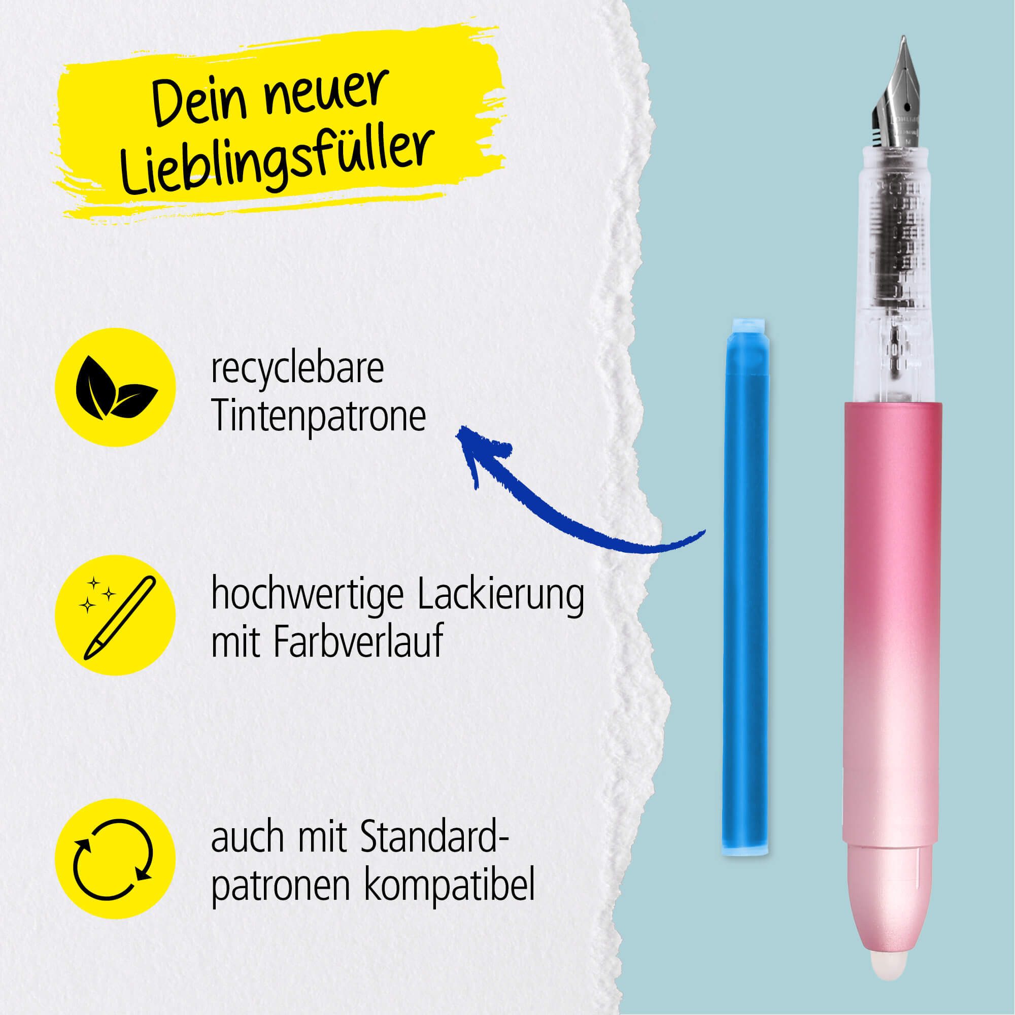 Online Pen Füller magiXX Radierbarer Füller, mit radierbarer, blauer Tinte, inkl. 4 magiXX Patronen, Vorteilspack