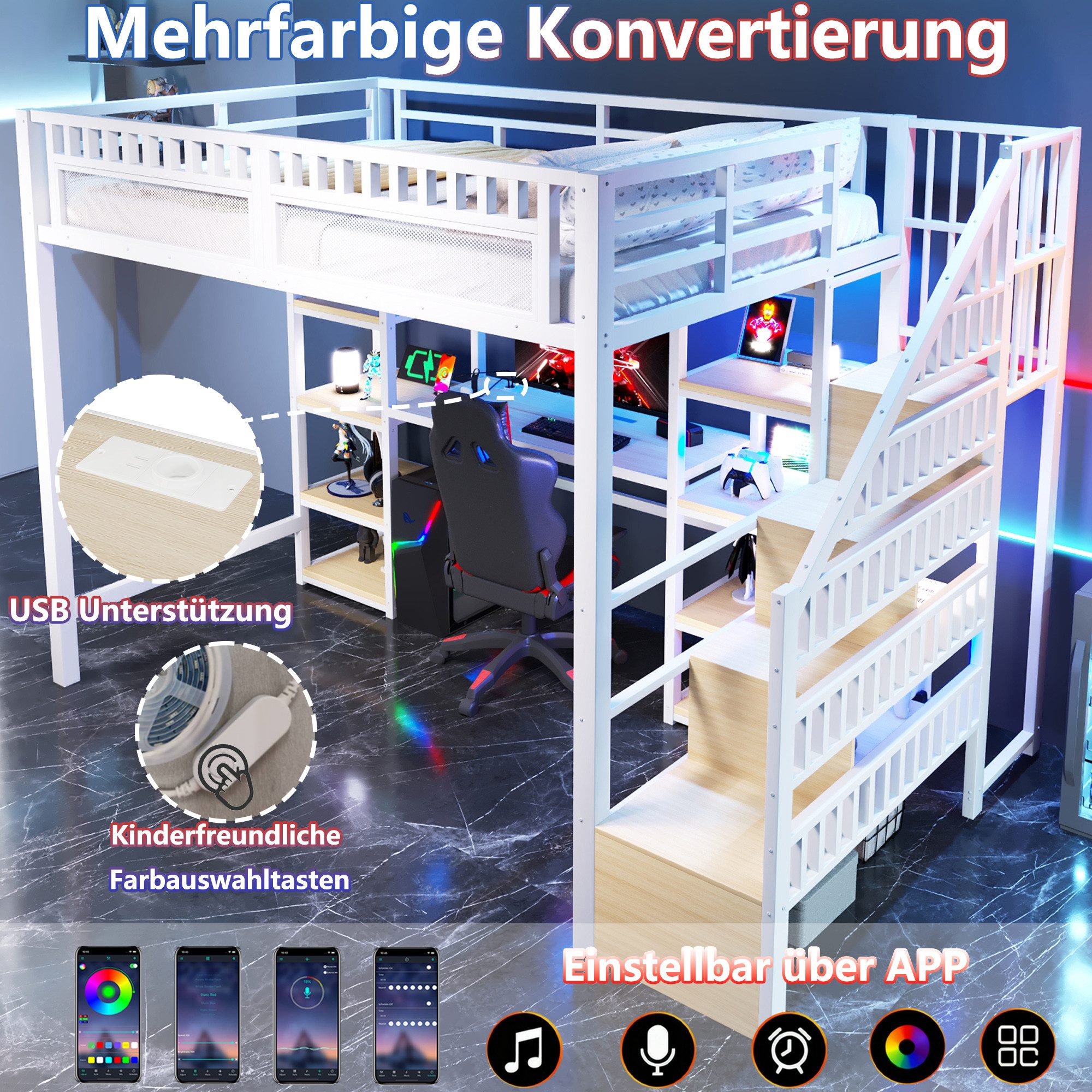 Odikalo Hochbett Multifunktionales Hochbett mit Schreibtisch & Stufenschrank (LED-Lichtleiste, USB-Anschluss inklusive,ohne Matratze, 90x200 140x200CM, schwarz/ – Bild 3 von 5