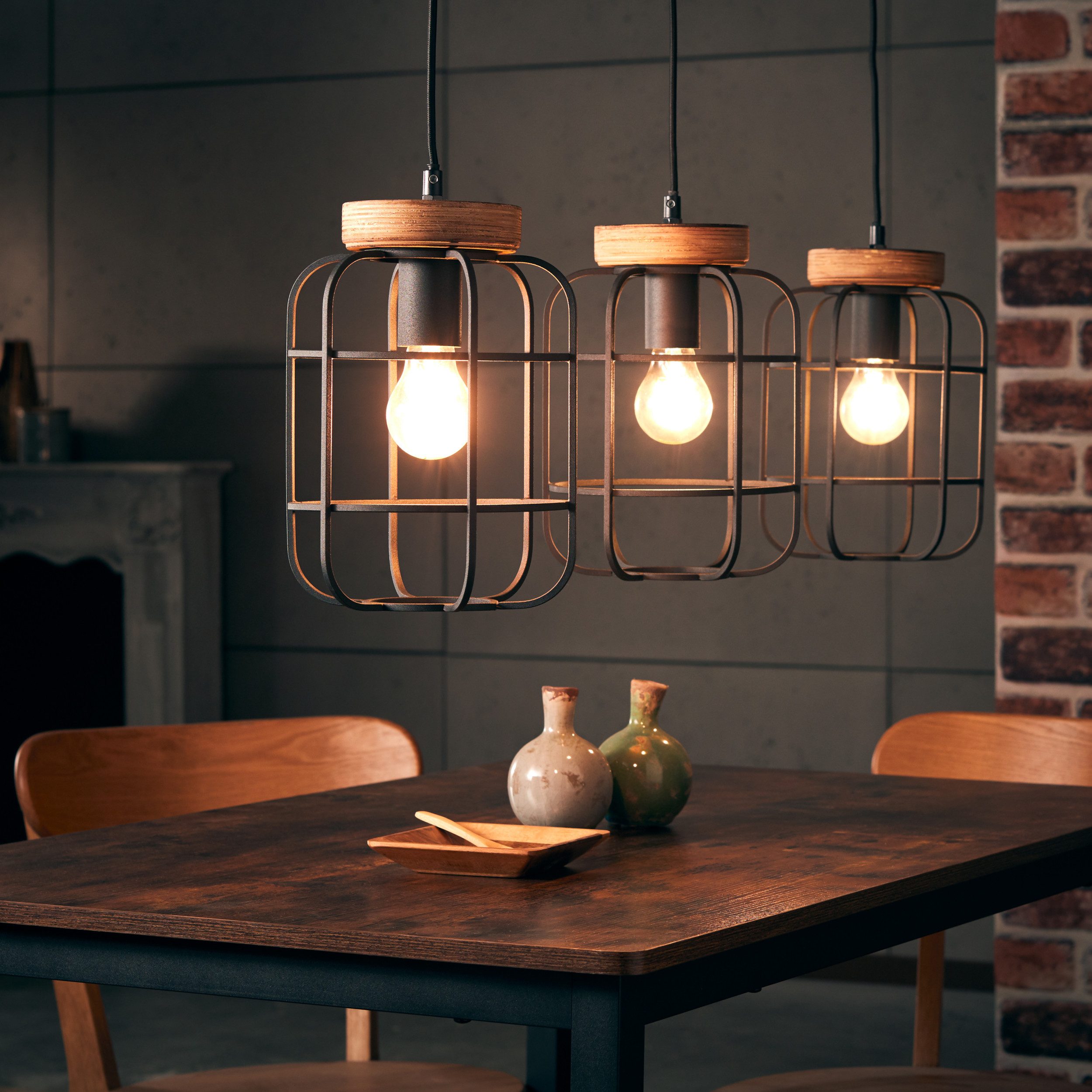 Lightbox Pendelleuchte, ohne Leuchtmittel, Balken Hängelampe, 142 cm Höhe, E27, max. 40 W, Metall/Holz
