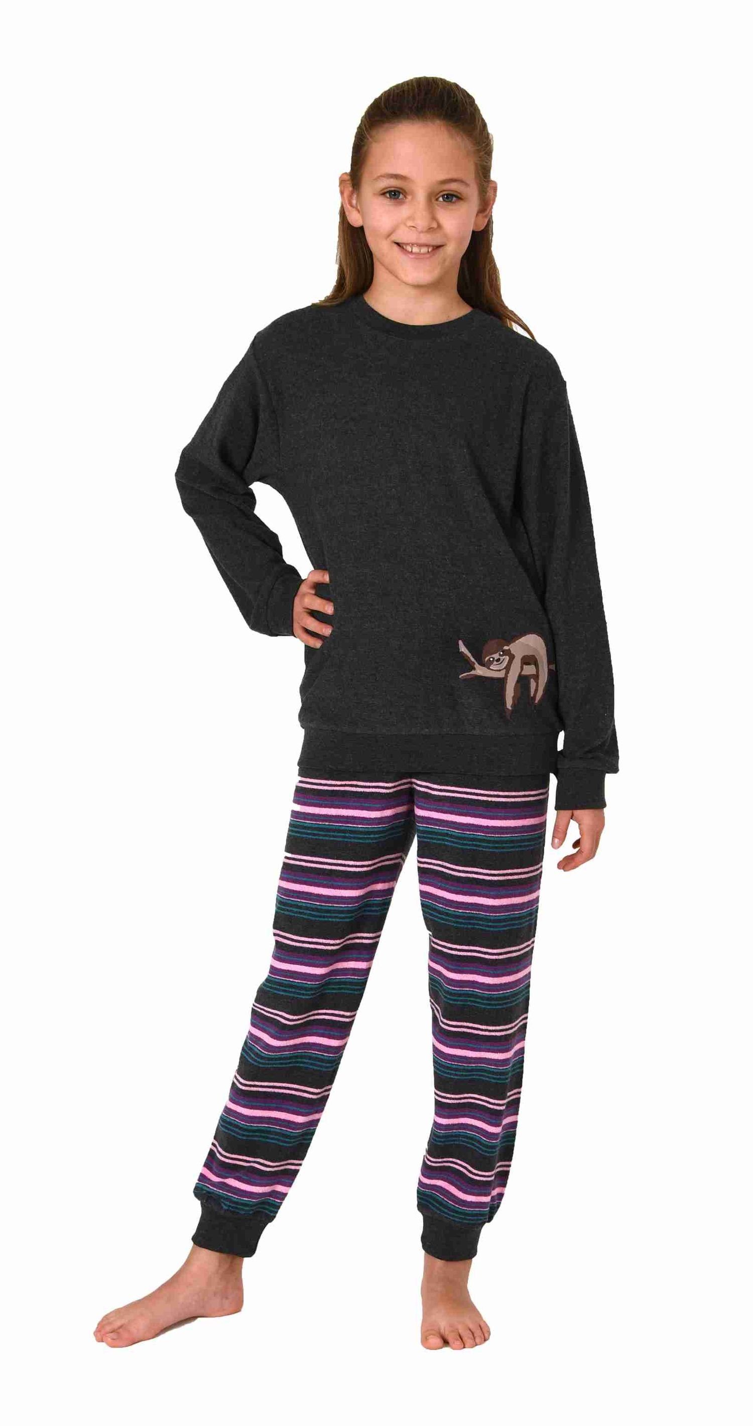 Normann Pyjama Mädchen Frottee Schlafanzug mit Bündchen + süssen Faultier Tiermotiv grau