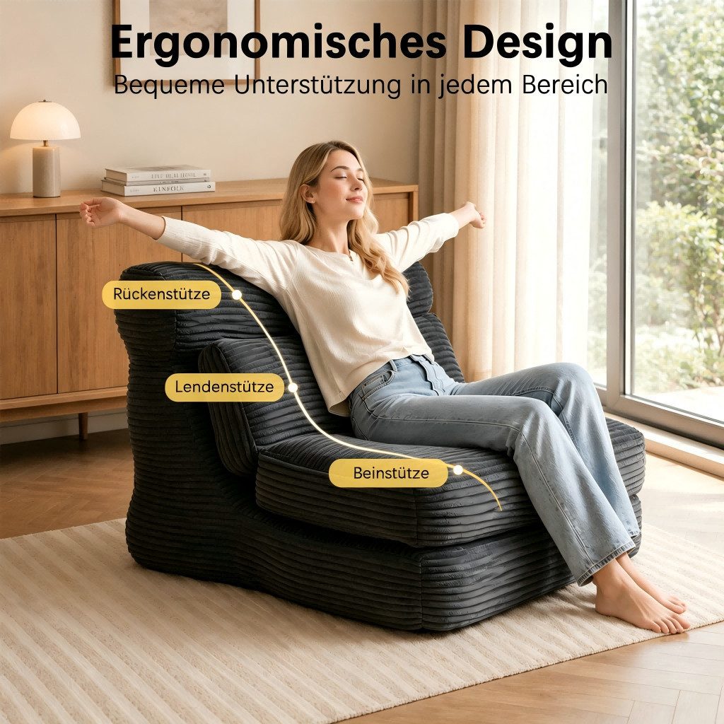 VUZINIC Sofa Umschlagbares Kordstoff-Bodensofa, verstellbarer Liegesessel, 1 Teile, abnehmbarer waschbarer Bezug für Wohn- & Schlafzimmer – Bild 3 von 5