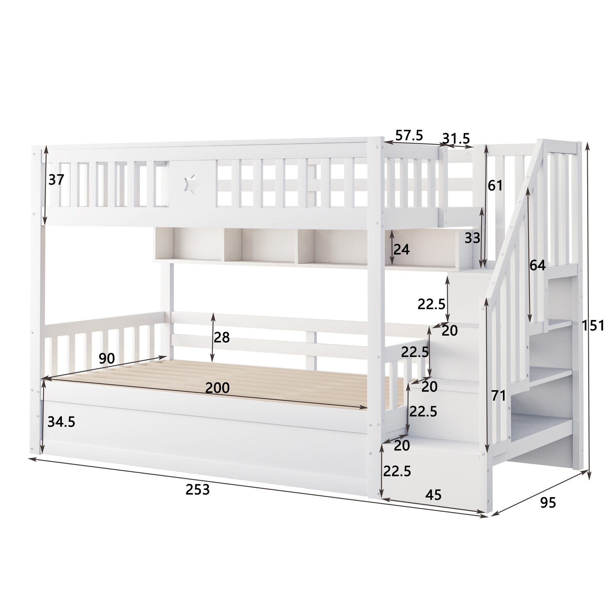 Merax Etagenbett mit hydraulischem Unterbett (1-St., Stockbett Jugendbett Doppelbett Hochbett aus Massivholz), Kinderbett 90x200cm mit Stauraumtreppe, Regalen & Sicherheitsgeländer
