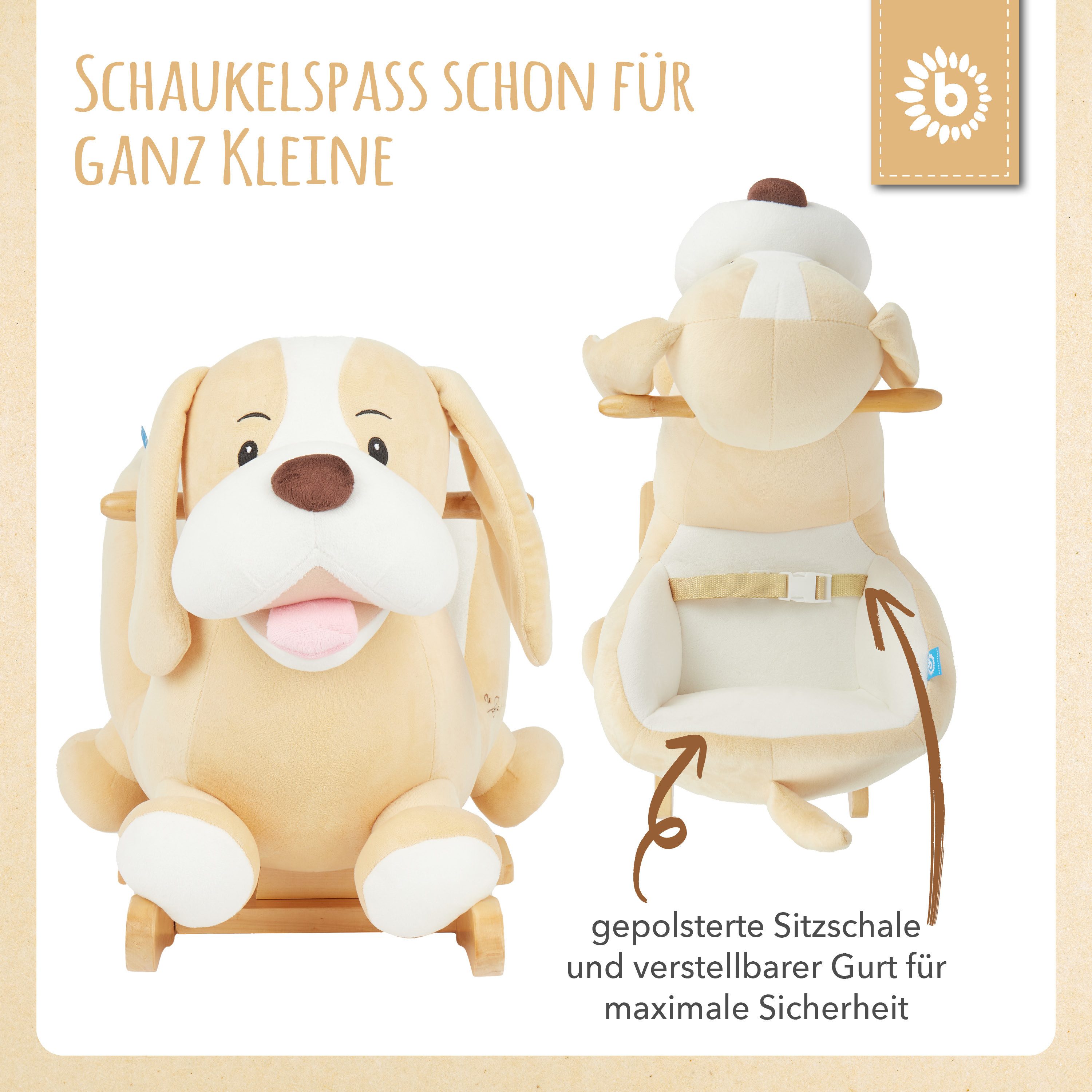 BIECO Schaukeltier Schaukelpferd Hund Sam aus Plüsch & Holz – Wippe ab 9 Monaten