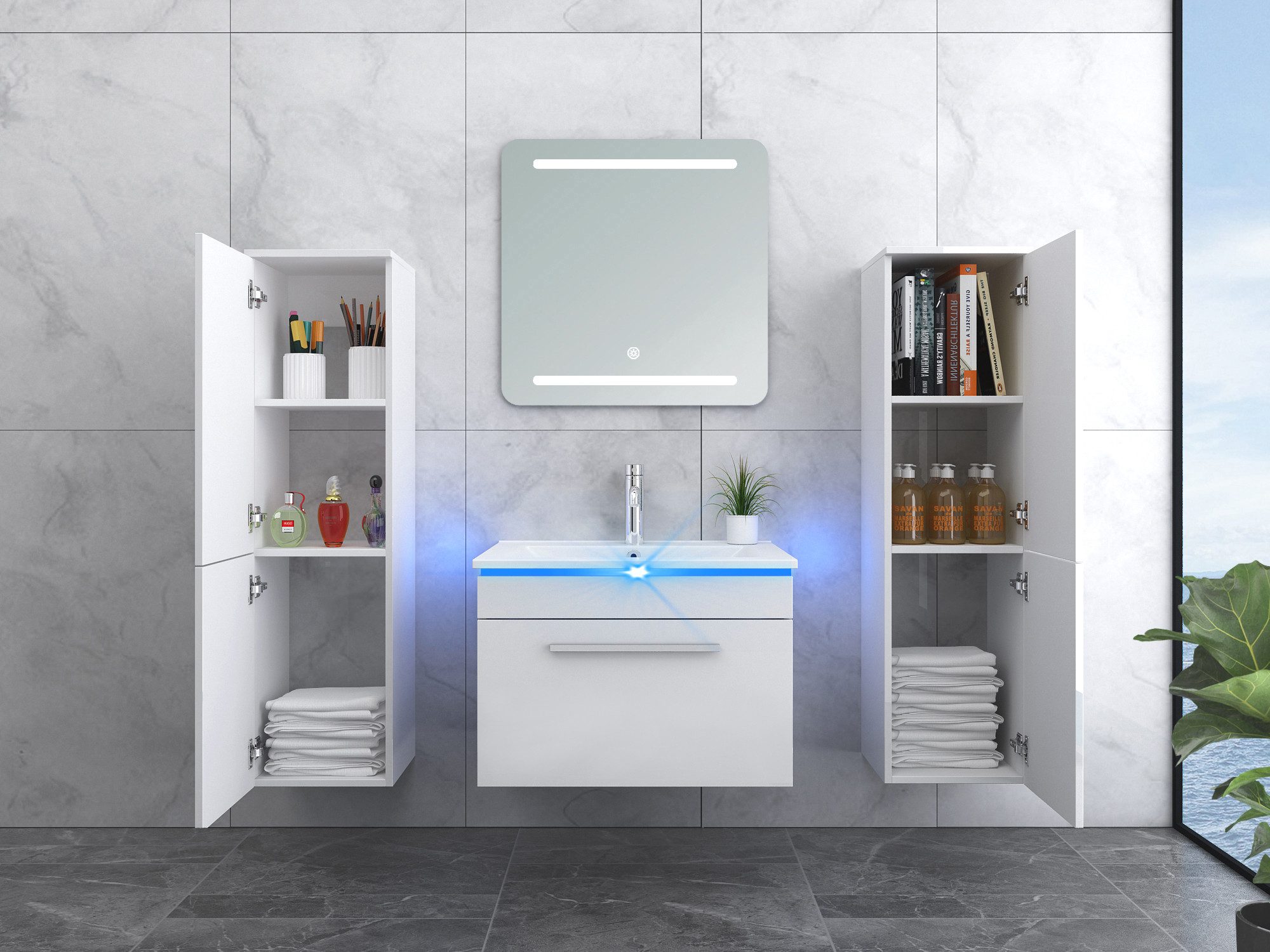 Faizee Möbel Badmöbel-Set Badmöbel set, Weiß komplett 5TLG 90/120 cm, (Komplett-Set, 5-St), LED-Spiegel mit Touch Badmöbel-Set VORMONTIERT Hochglanz lackiert