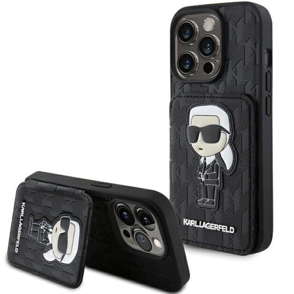 KARL LAGERFELD Handyhülle Case iPhone 15 Pro Max aufstellbar Kunstleder schwarz 6,7 Zoll, Kantenschutz