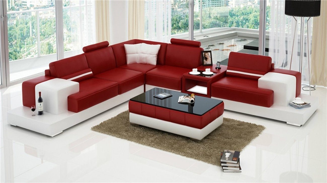 JVmoebel Ecksofa, Couch Ecksofa Leder Wohnlandschaft Garnitur Design Modern L-Form Rot