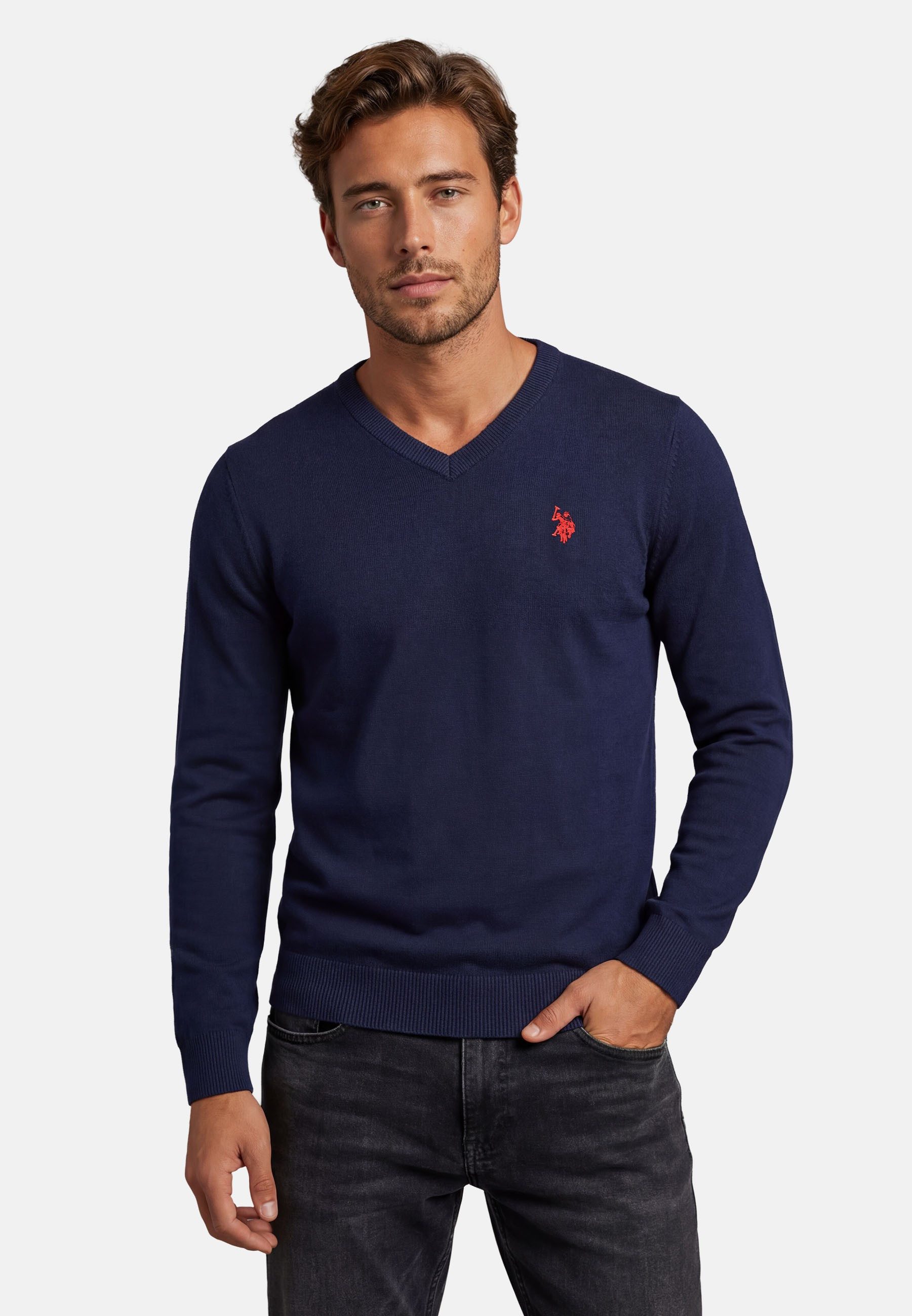 U.S. Polo Assn. V-Ausschnitt-Pullover Longsleeve USPhil – Herren V-Neck Classic Fit mit Logo-Stickerei Angenehme Baumwollmischung, weiches Material und sportiver Look