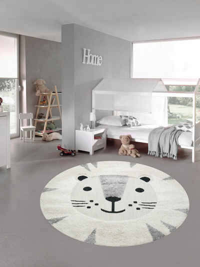 Kinderteppich Kinderzimmer Teppich Baby Spielteppich 3D Optik High Low Effekt Katzenmotiv creme grau weiß, Teppich-Traum, Rund, Höhe: 20 mm