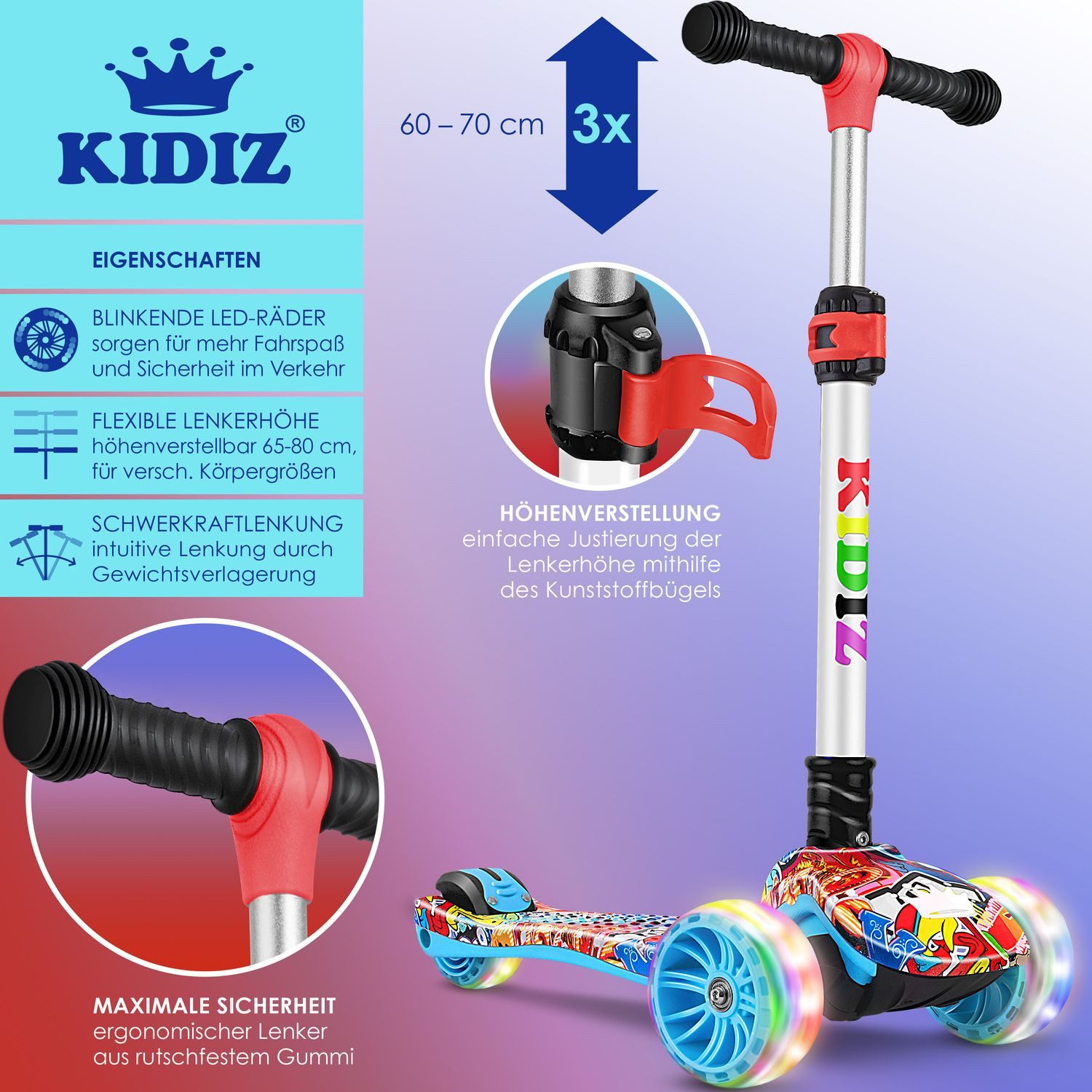 KIDIZ Cityroller, Roller Kinder Scooter X-Pro2 Dreiradscooter mit PU LED Leuchten