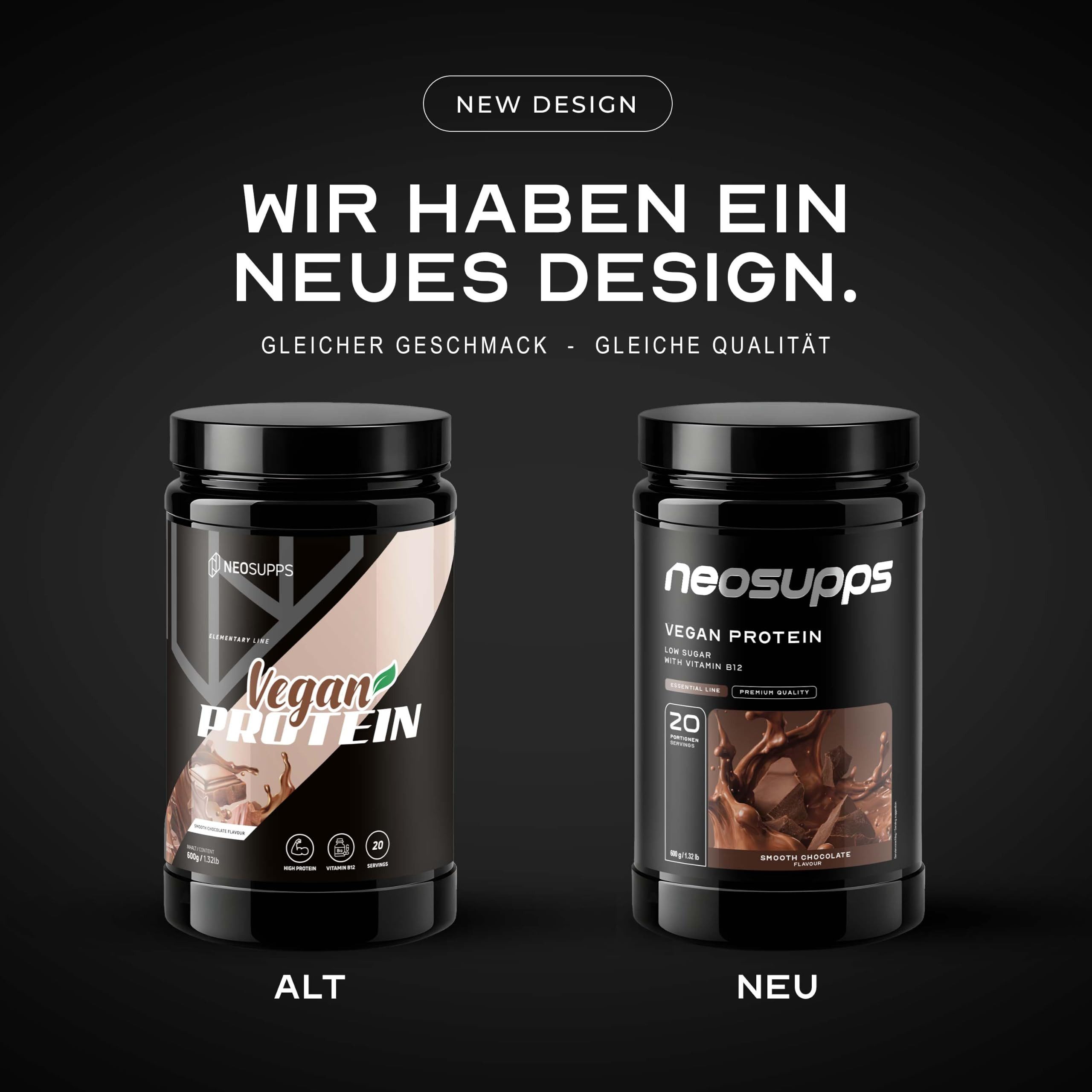 Neosupps Vegan Protein Pulver Smooth Choco 600g, mit Vitamin B12 & zuckerarm Pulver, 600 g, Veganes Proteinpulver aus Erbsen-, Reis- & Kürbiskernprotein