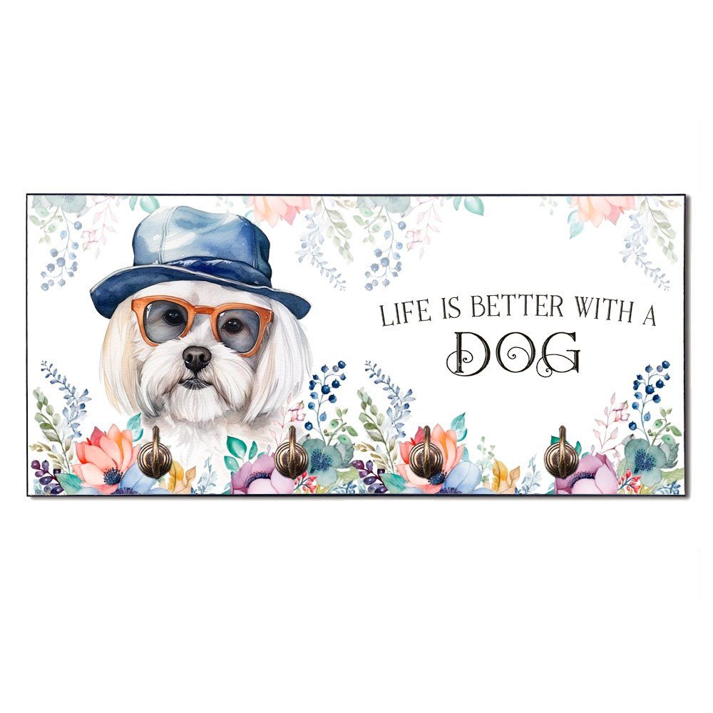 Cadouri Wandgarderobe MALTESER Hundegarderobe - Wandboard für Hundezubehör (Garderobe mit 4 Haken), MDF, mit abgeschrägten Ecken, handgefertigt, für Hundebesitzer