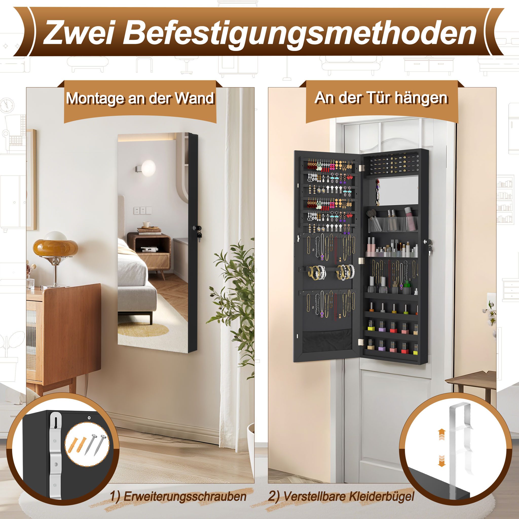 FIVMEN Schmuckschrank Spiegelschrank zur Aufhängen Hängend Abschließbar 2 in 1 Wandspiegel und Schmuck Organizer Wandmontage Weiß/Schwarz